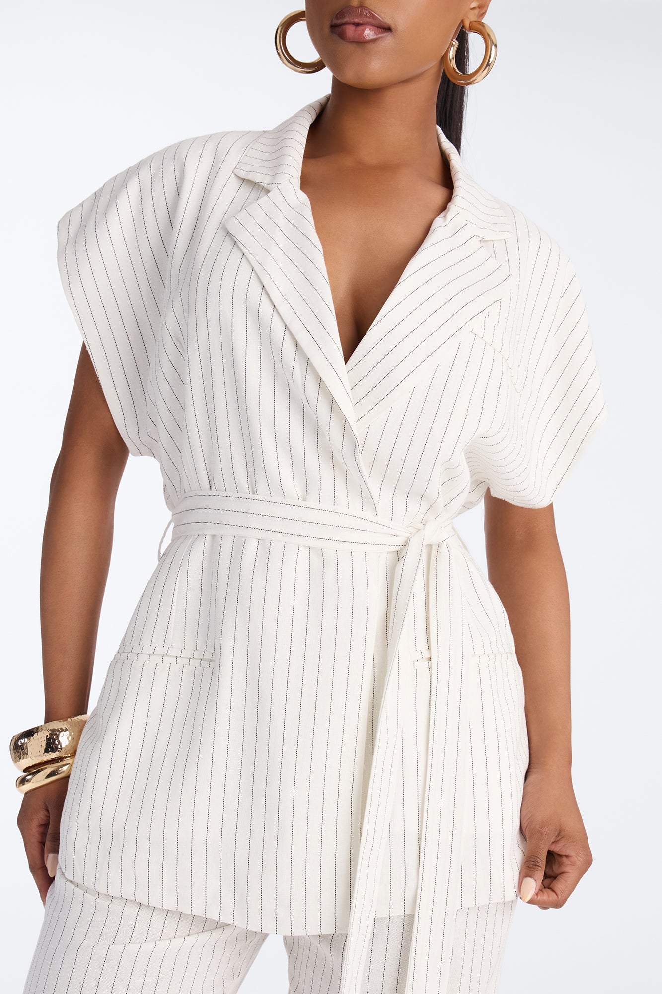 Juno Pinstripe Short Sleeve Tie Waist Linen Blazer - Ivory/combo