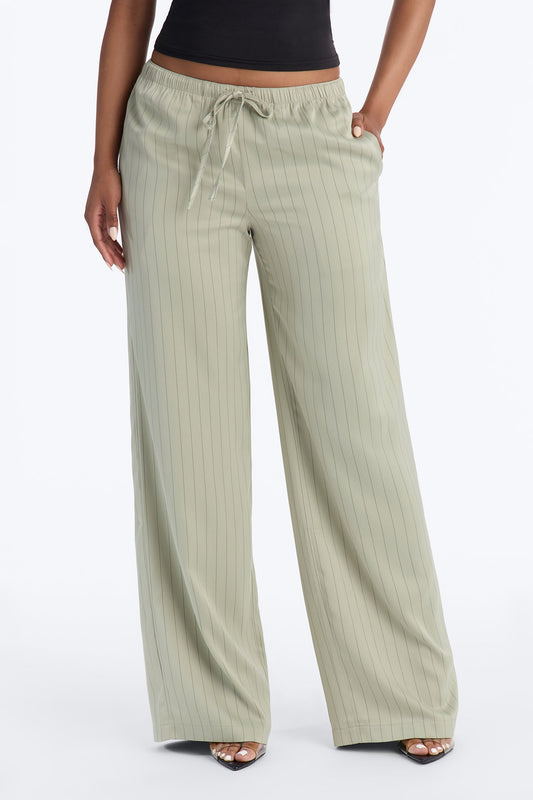 Lulu Pinstripe Satin Wide Leg Pant 32″ - Olive
