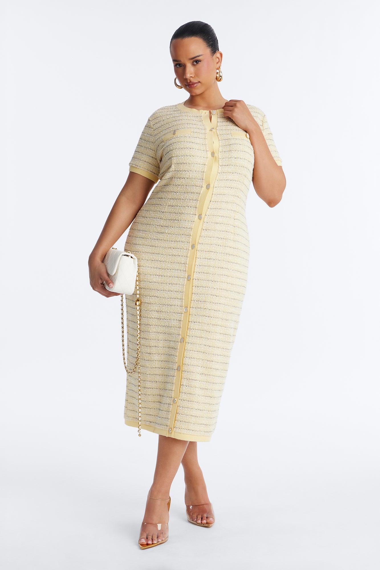Kelsey Button Up Tweed Midi Dress - Yellow