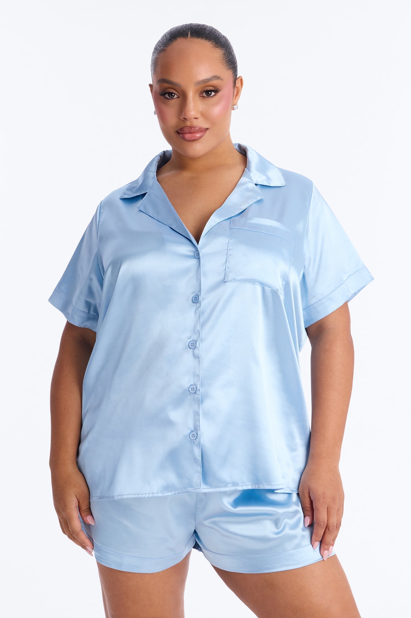 Pillow Fight Stretch Satin PJ Short Set - Light Blue Fashion Nova