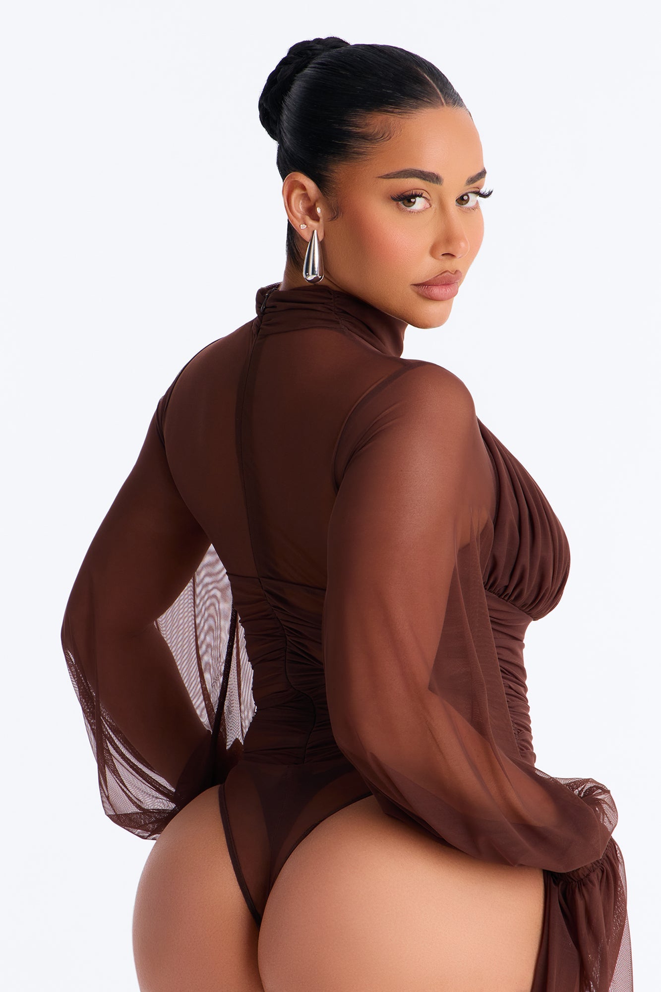 Juliet Ruched Mesh Long Sleeve Bodysuit - Brown