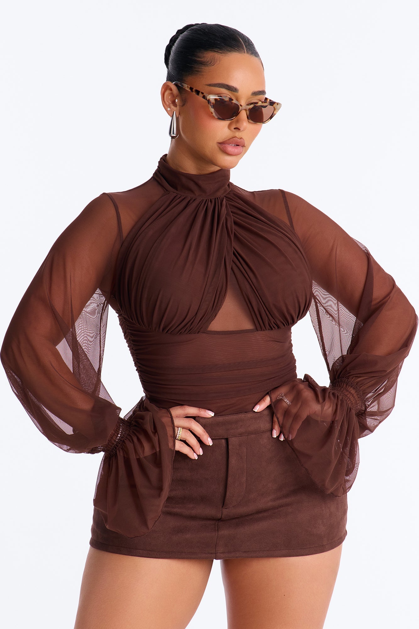 Juliet Ruched Mesh Long Sleeve Bodysuit - Brown