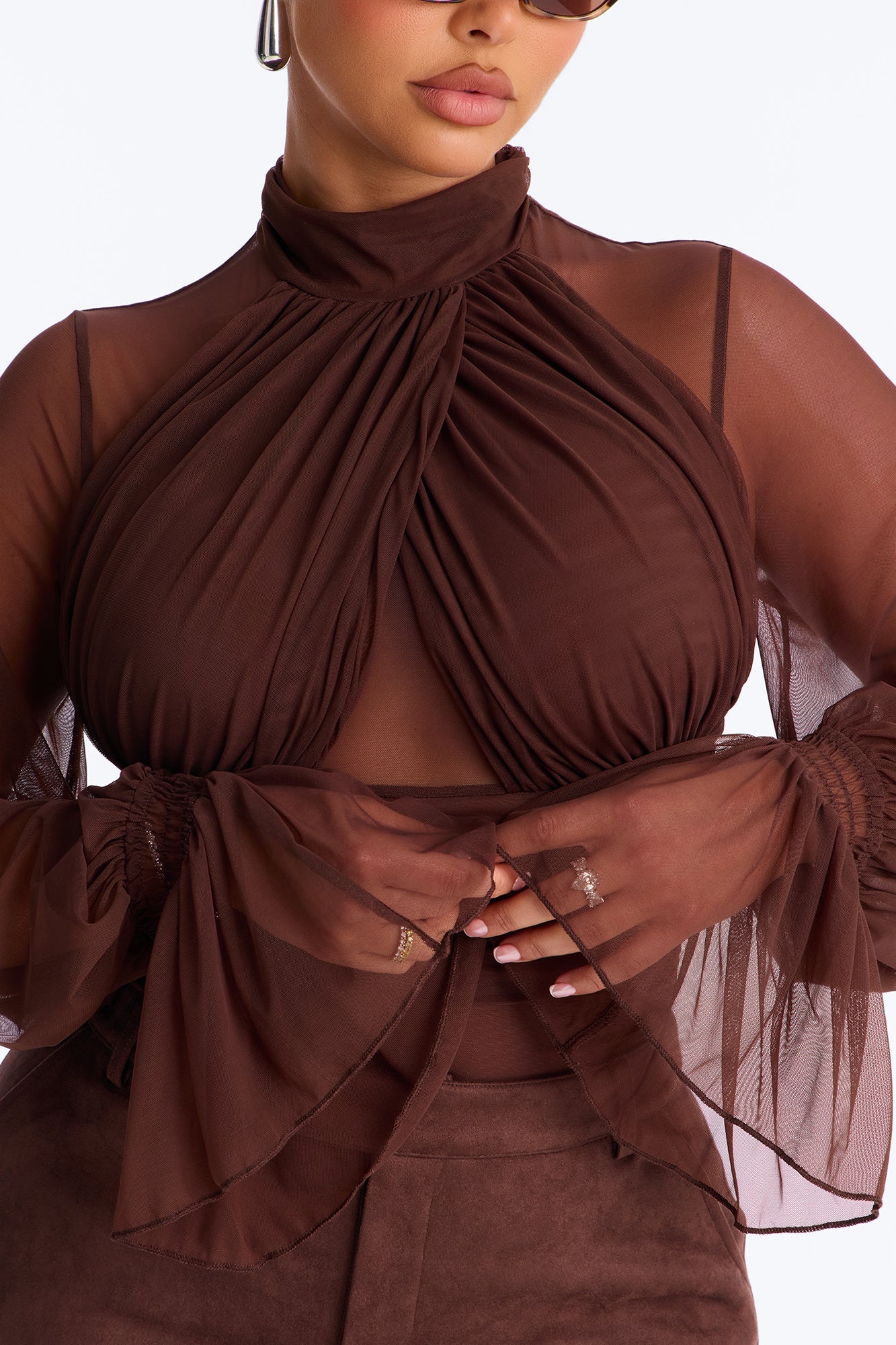 Juliet Ruched Mesh Long Sleeve Bodysuit - Brown