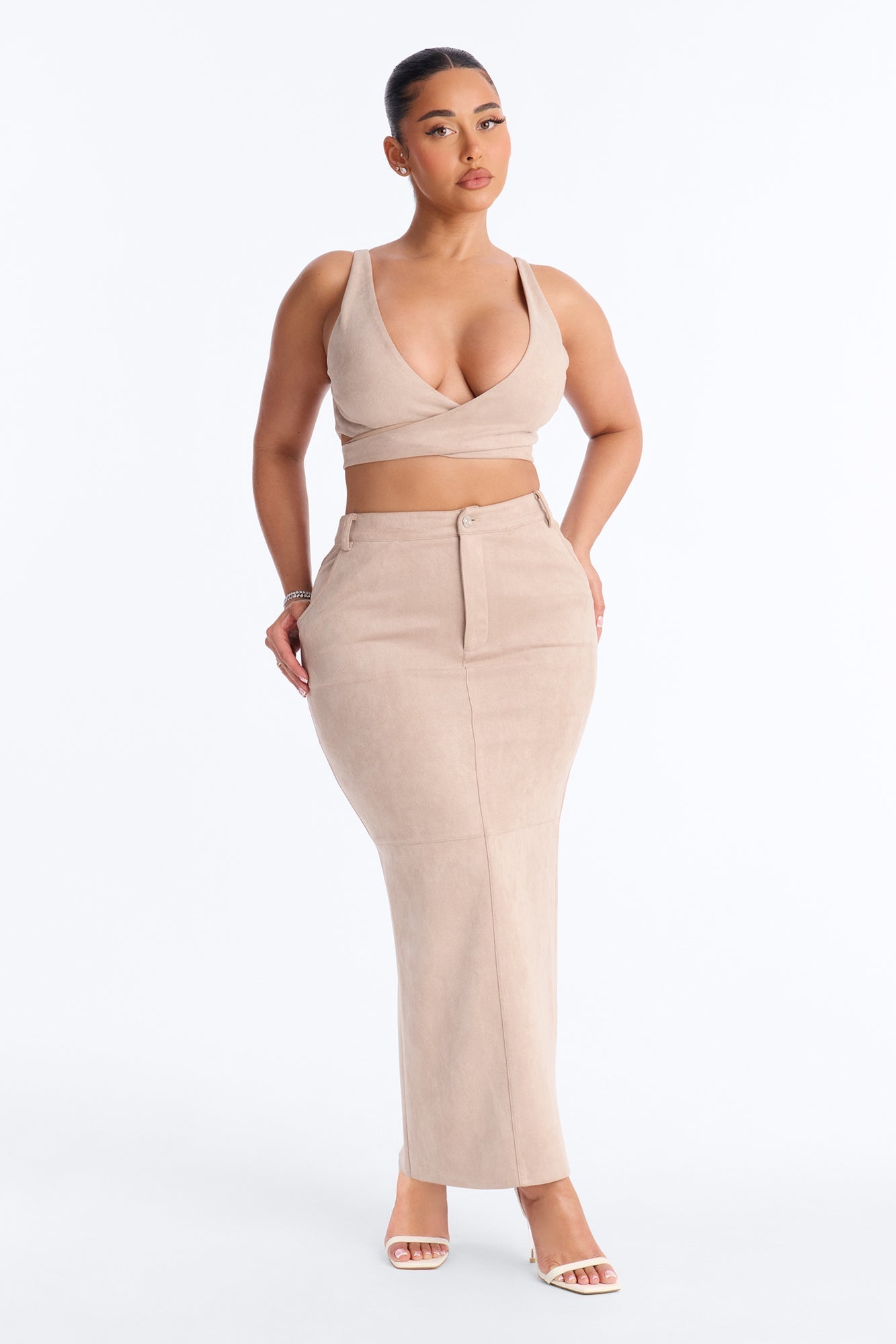 Maxine Faux Suede Skirt Set - Stone Fashion Nova