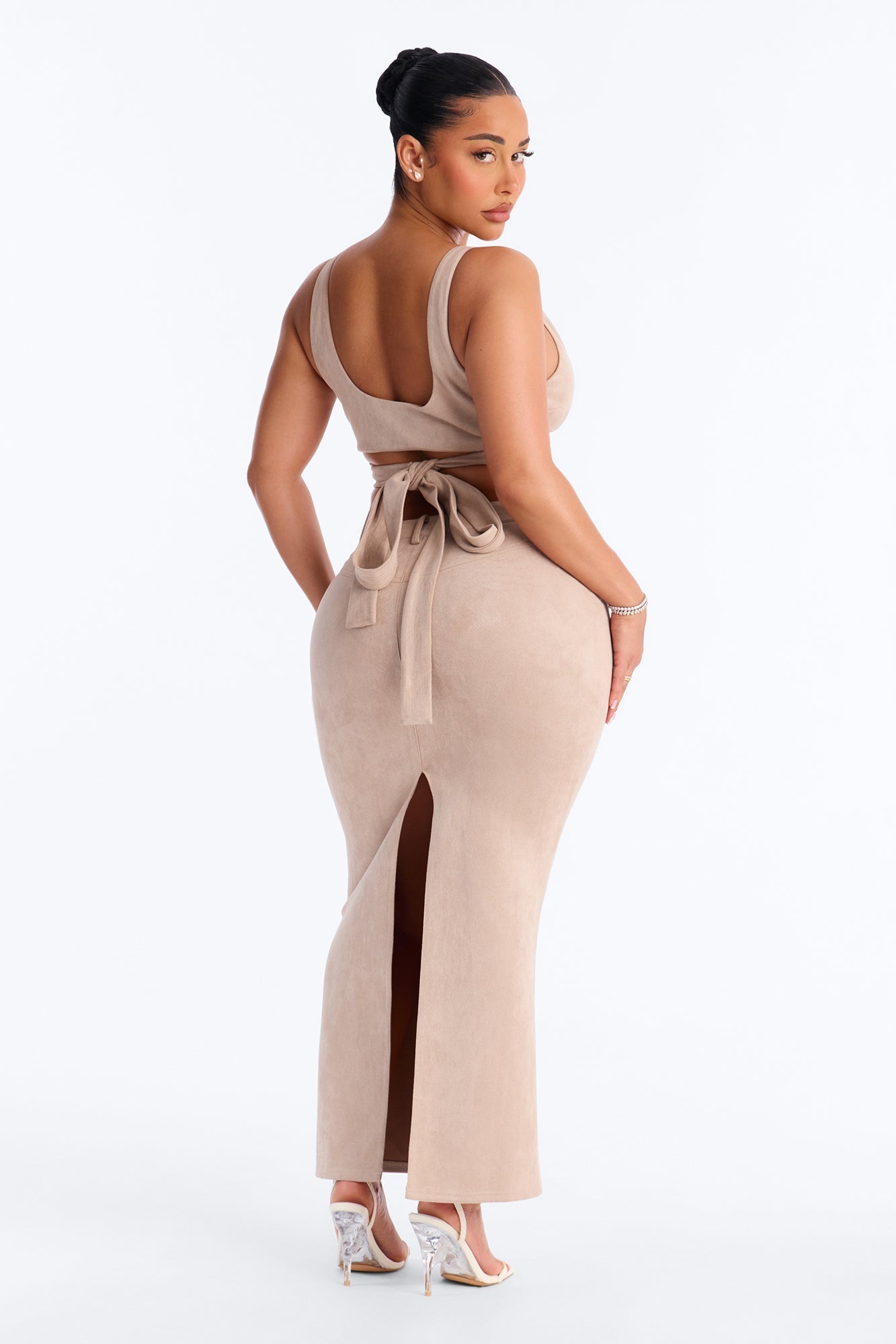 Maxine Faux Suede Skirt Set - Stone Fashion Nova