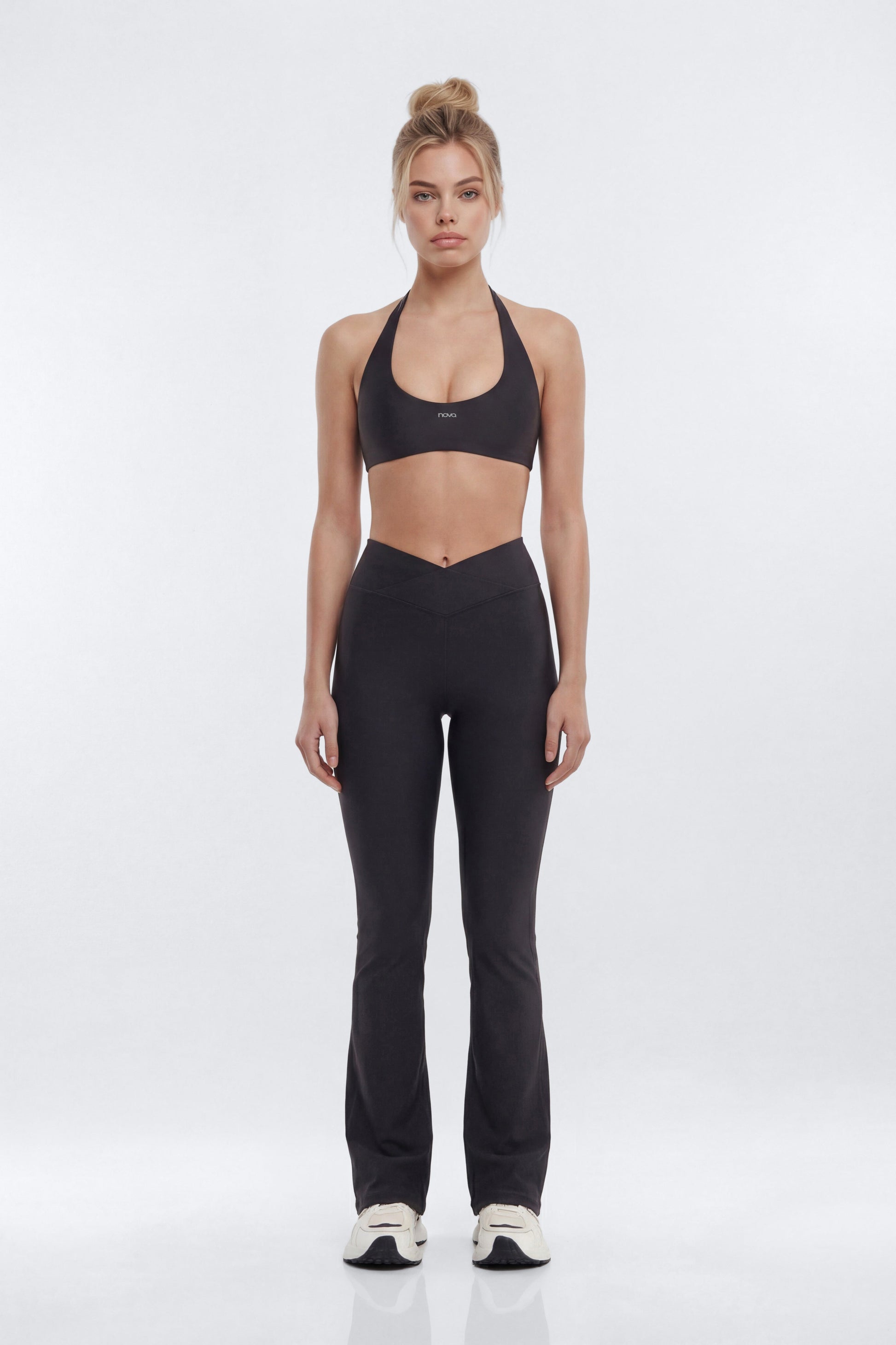 AirSculpt™ 32″ Cross Front Mid Rise Flare Legging - Black Fashion Nova