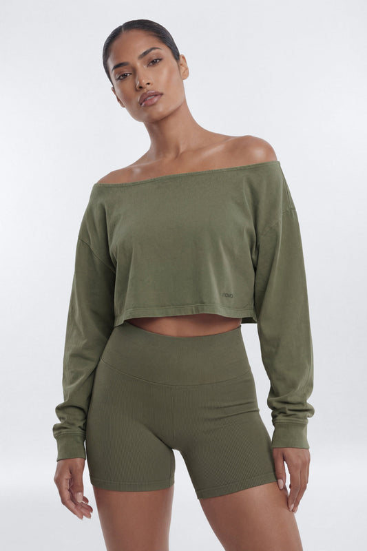 Cotton Jersey Off Shoulder Long Sleeve Crop Top - Moss Fashion Nova