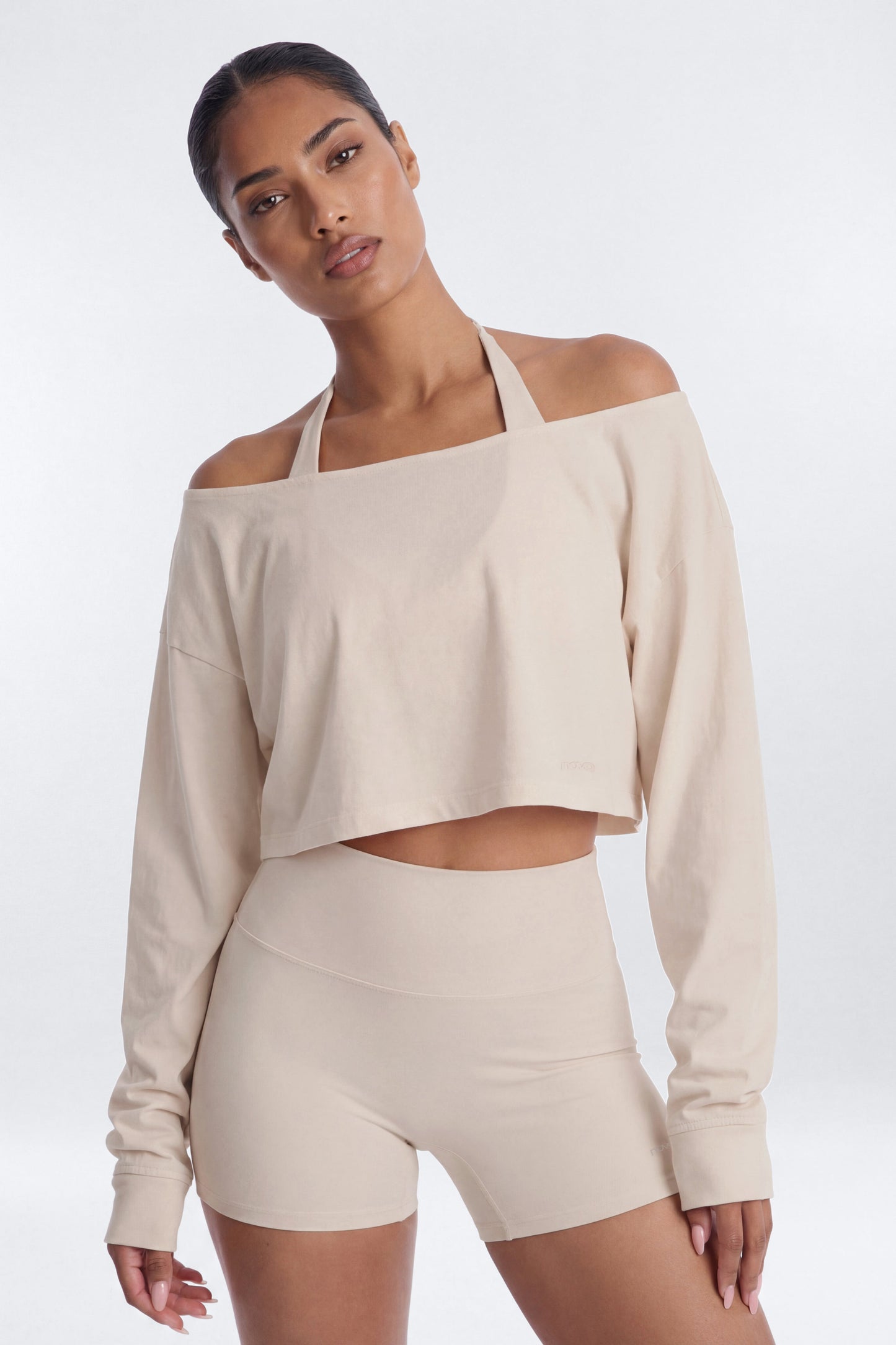 Cotton Jersey Off Shoulder Long Sleeve Crop Top - Oat Milk Fashion Nova