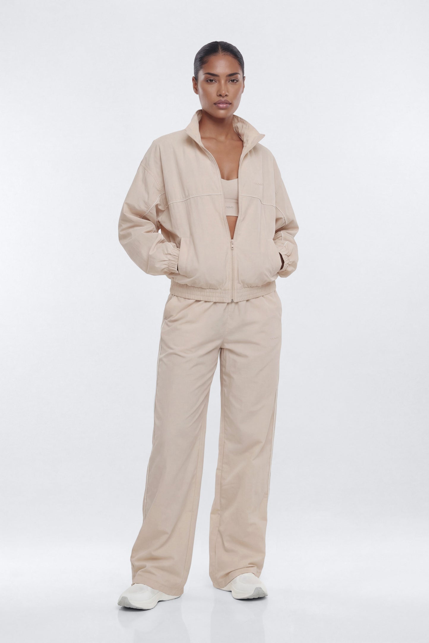 CoreNylon Mock Neck Full Zip Track Jacket - Oat Milk Fashion Nova