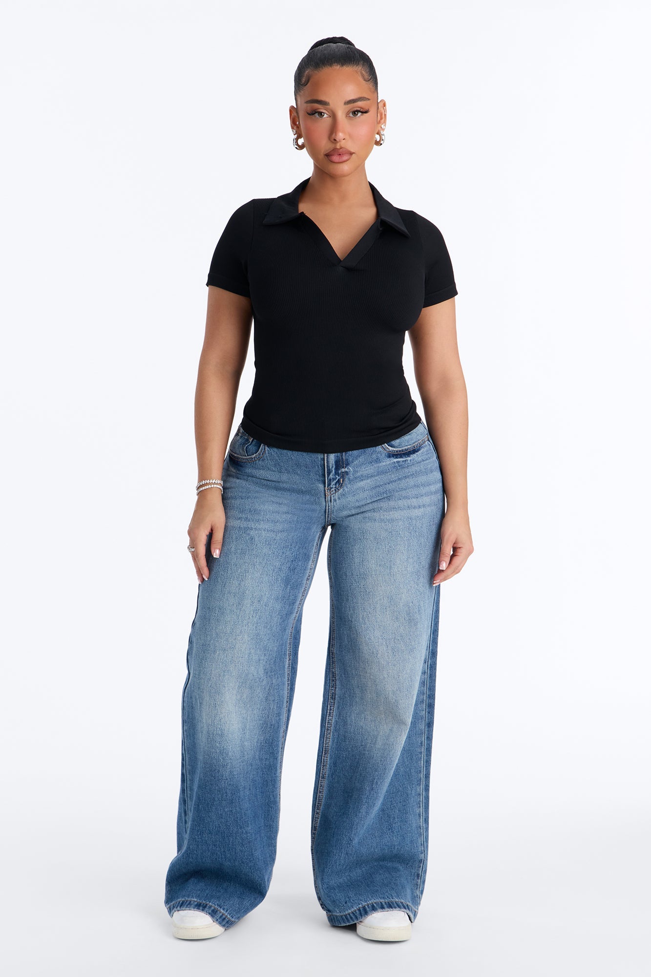 Evie Seamless Basic Polo Top - Black