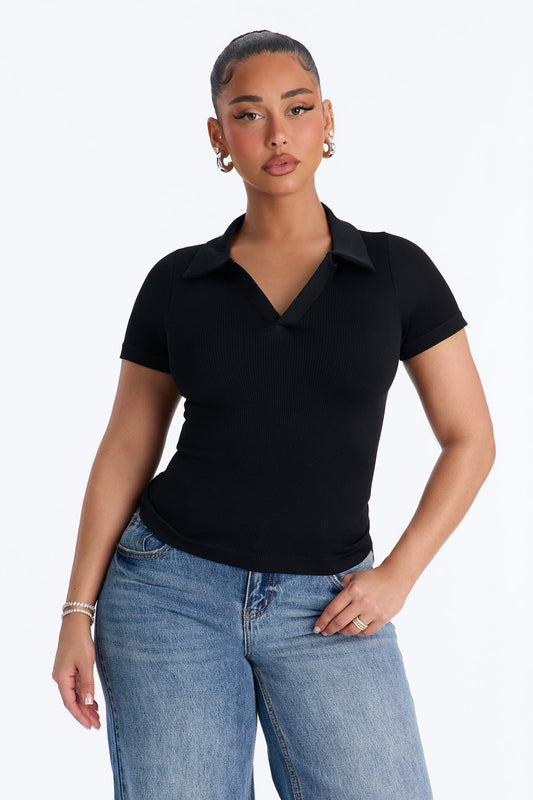 Evie Seamless Basic Polo Top - Black