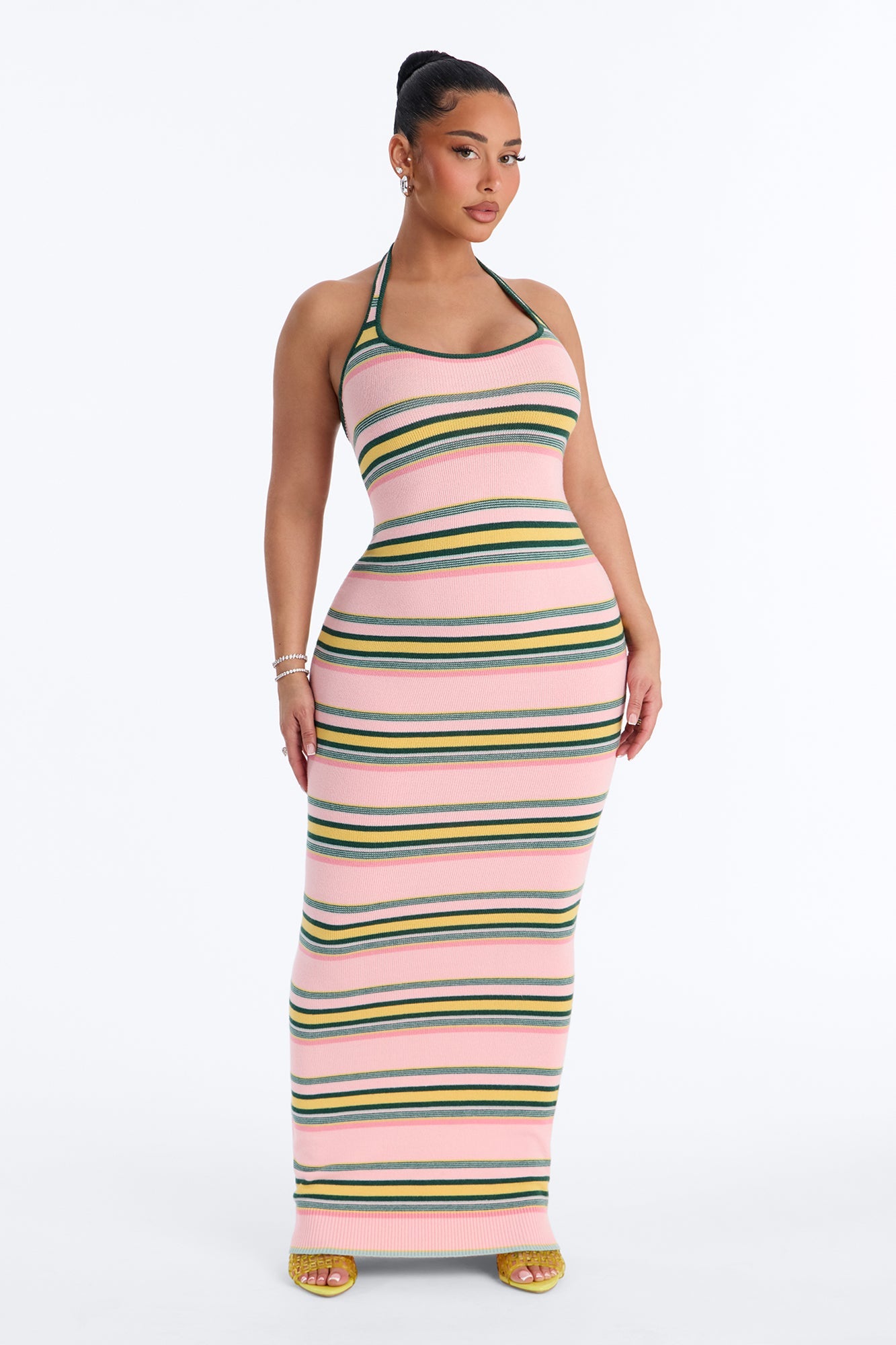 Bennie Halter Striped Sweater Maxi Dress - Pink/combo