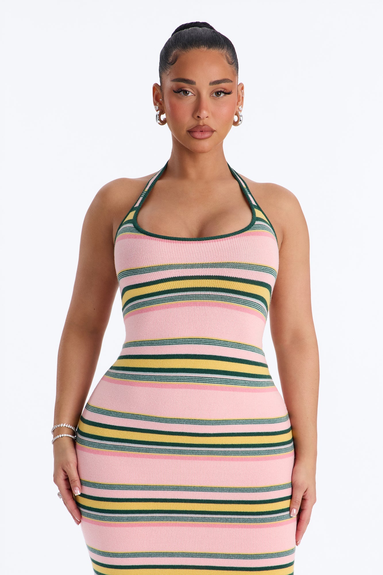 Bennie Halter Striped Sweater Maxi Dress - Pink/combo