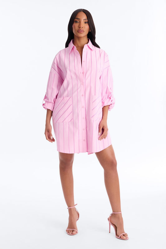Izzy Pinstripe Shirt Micro Mini Dress - Pink Fashion Nova