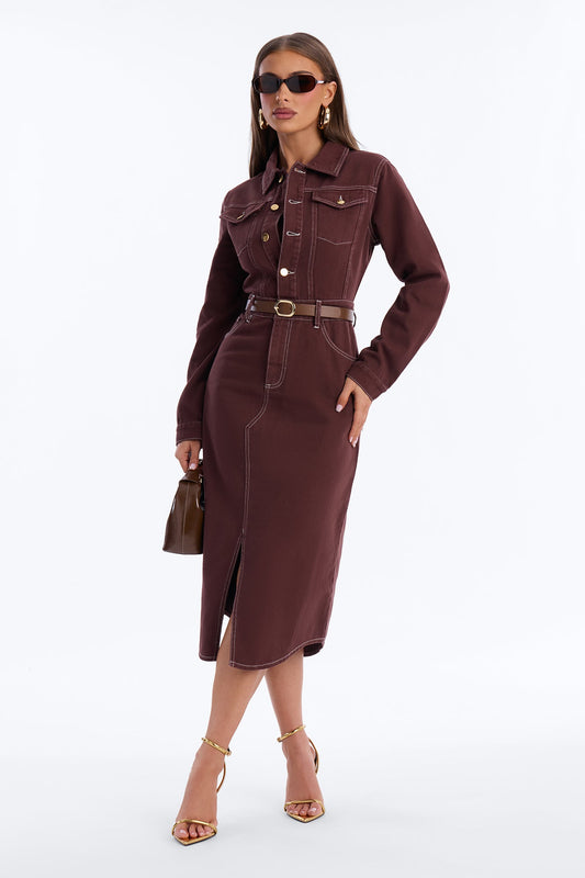 Harper Belted Denim Midi Dress - Brown