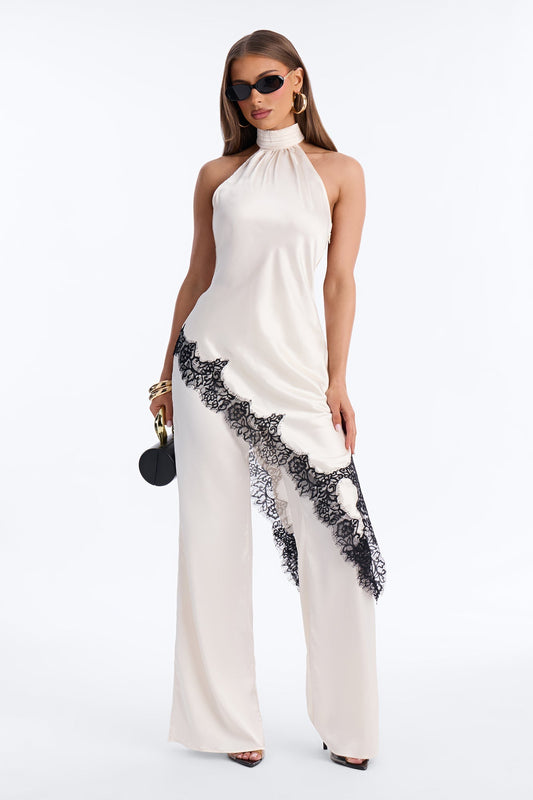 Angela Satin Lace Trim Pant Set - Cream Fashion Nova