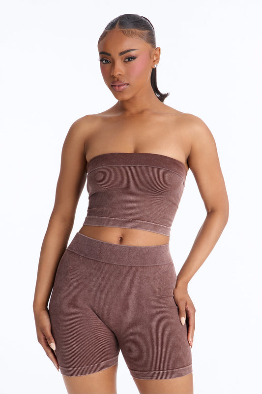 Off Duty Mineral Washed Strapless Short Set - Brown