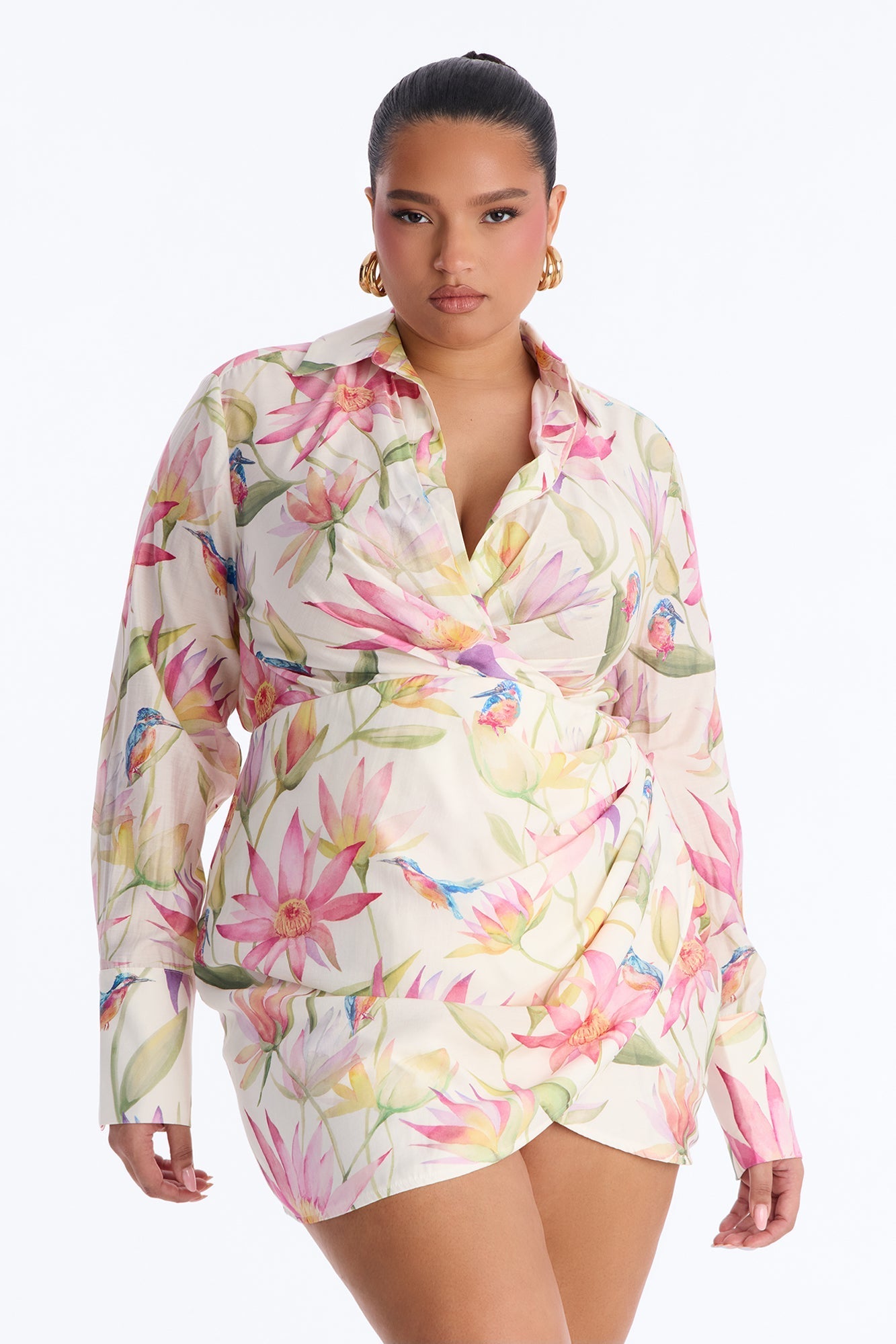 Delilah Floral Long Sleeve Mini Dress - Ivory/combo Fashion Nova
