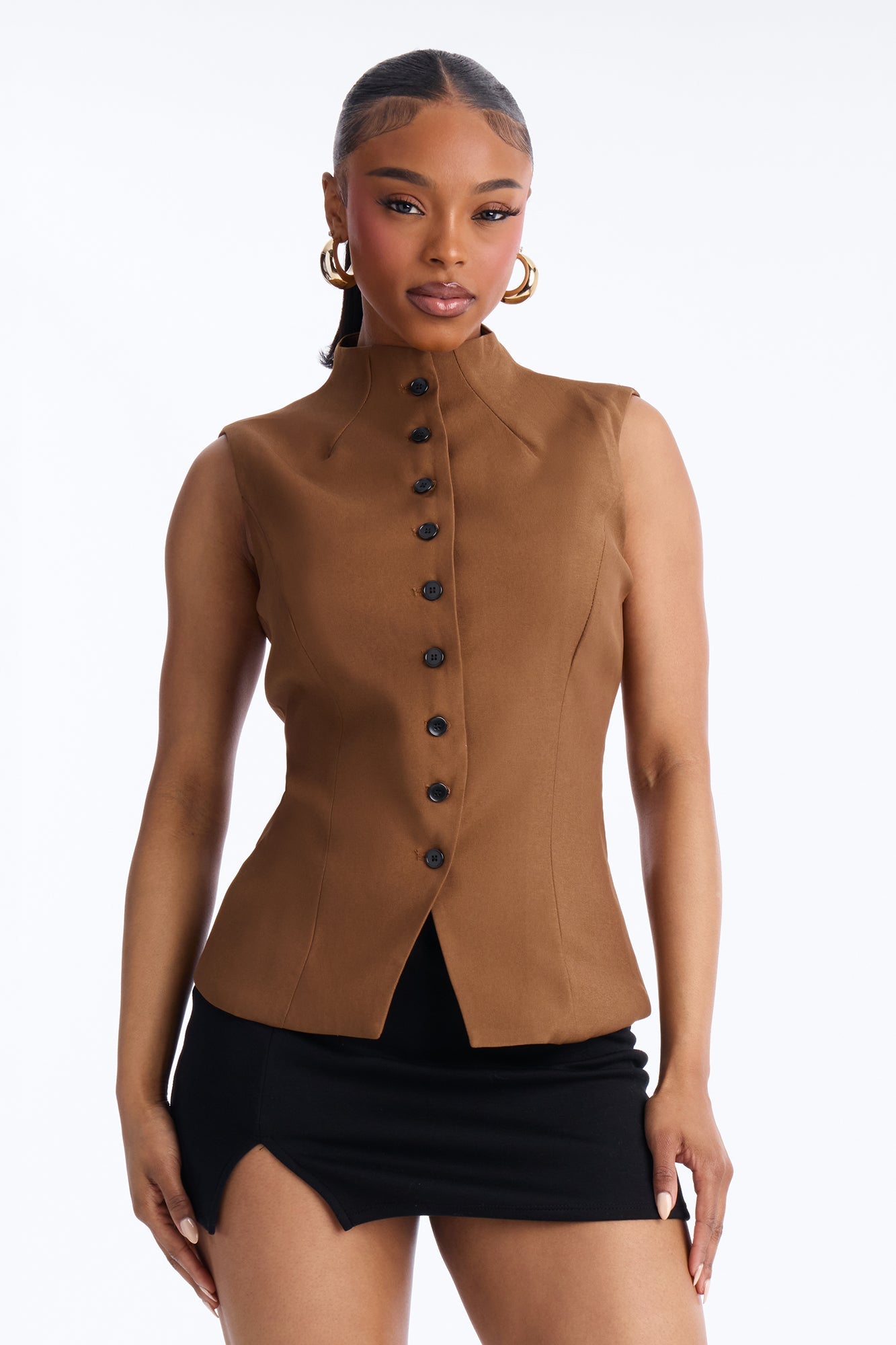 Lana Mock Neck Twill Top - Mocha