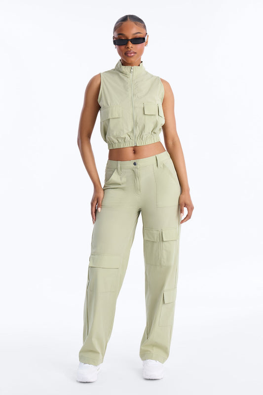 Nessa Nylon Cargo Sleeveless Vest Pant Set - Sage