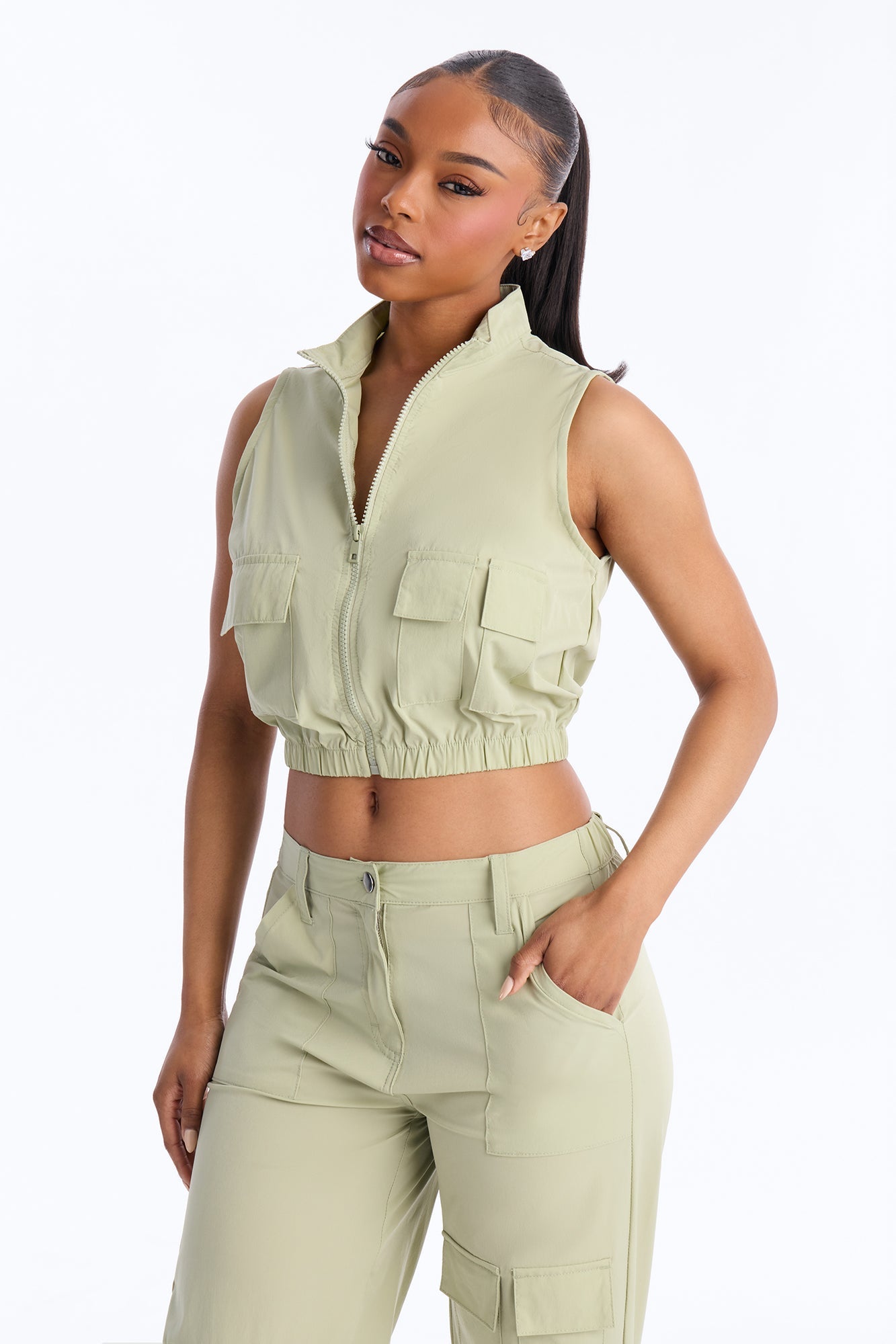 Nessa Nylon Cargo Sleeveless Vest Pant Set - Sage