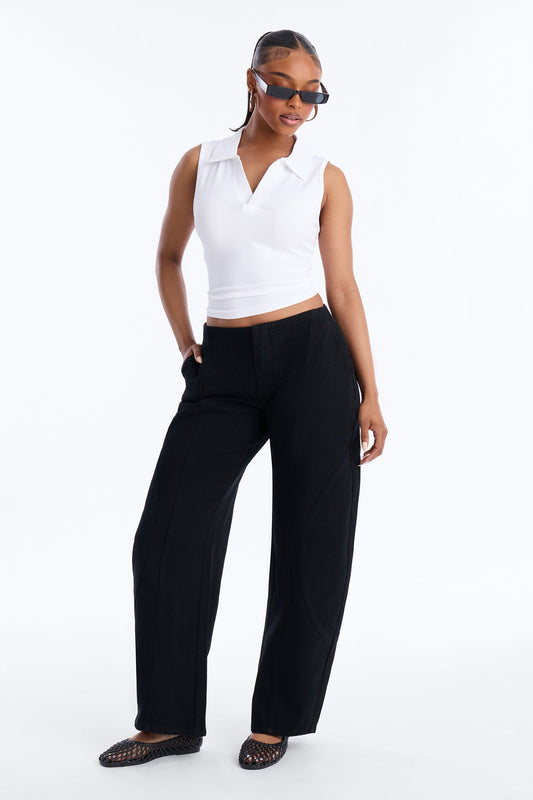 Maliah Low Rise Twill Barrel Leg Pants - Black