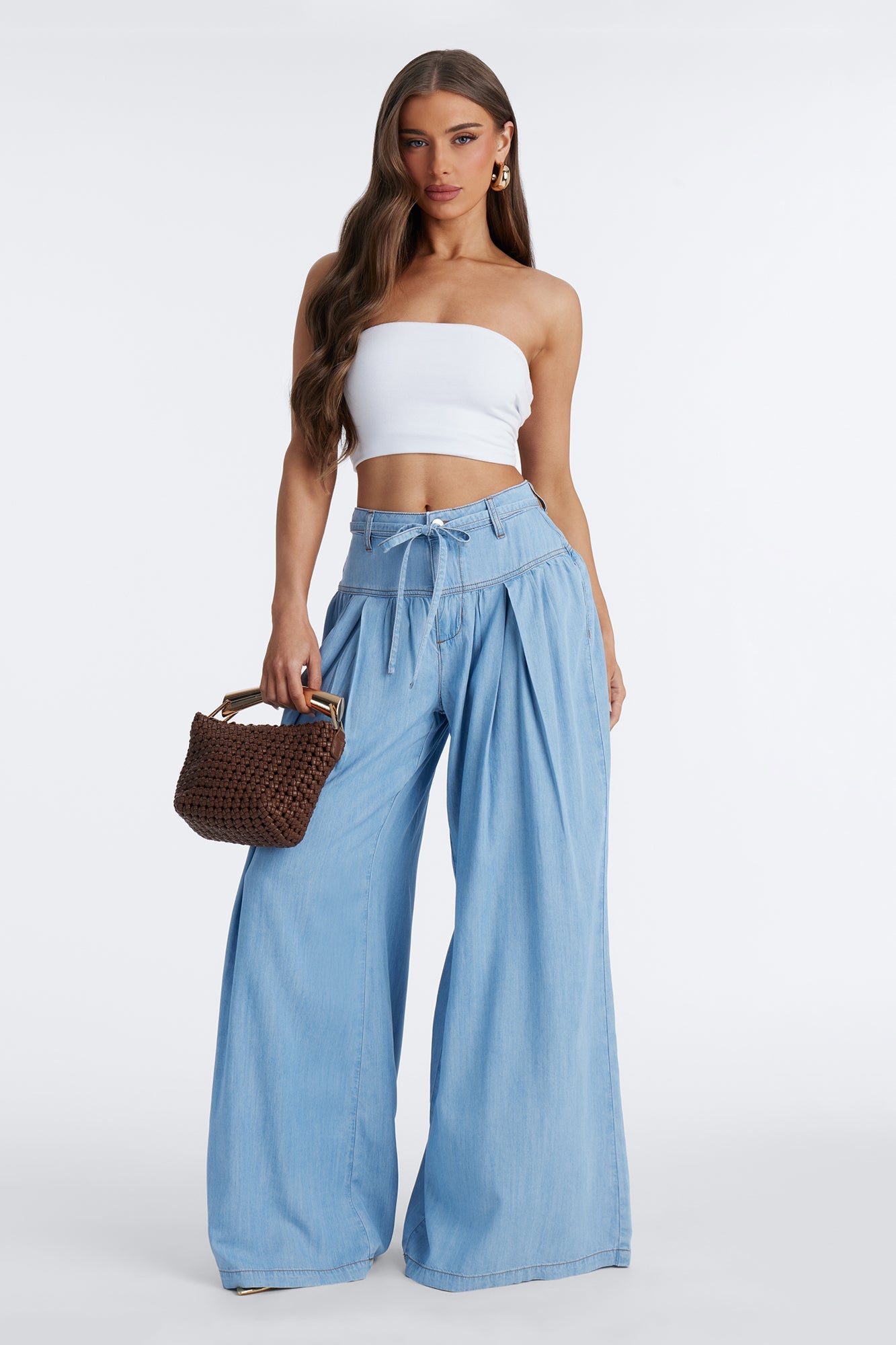 Golden Hour Chambray Tie Waist Pant 33″ - Light Wash