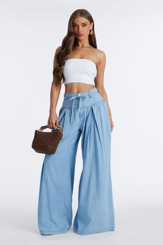 Golden Hour Chambray Tie Waist Pant 33″ - Light Wash