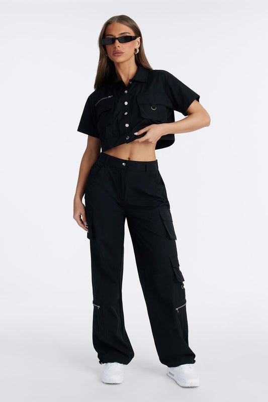 Nessa Nylon Cargo Pant Set - Black