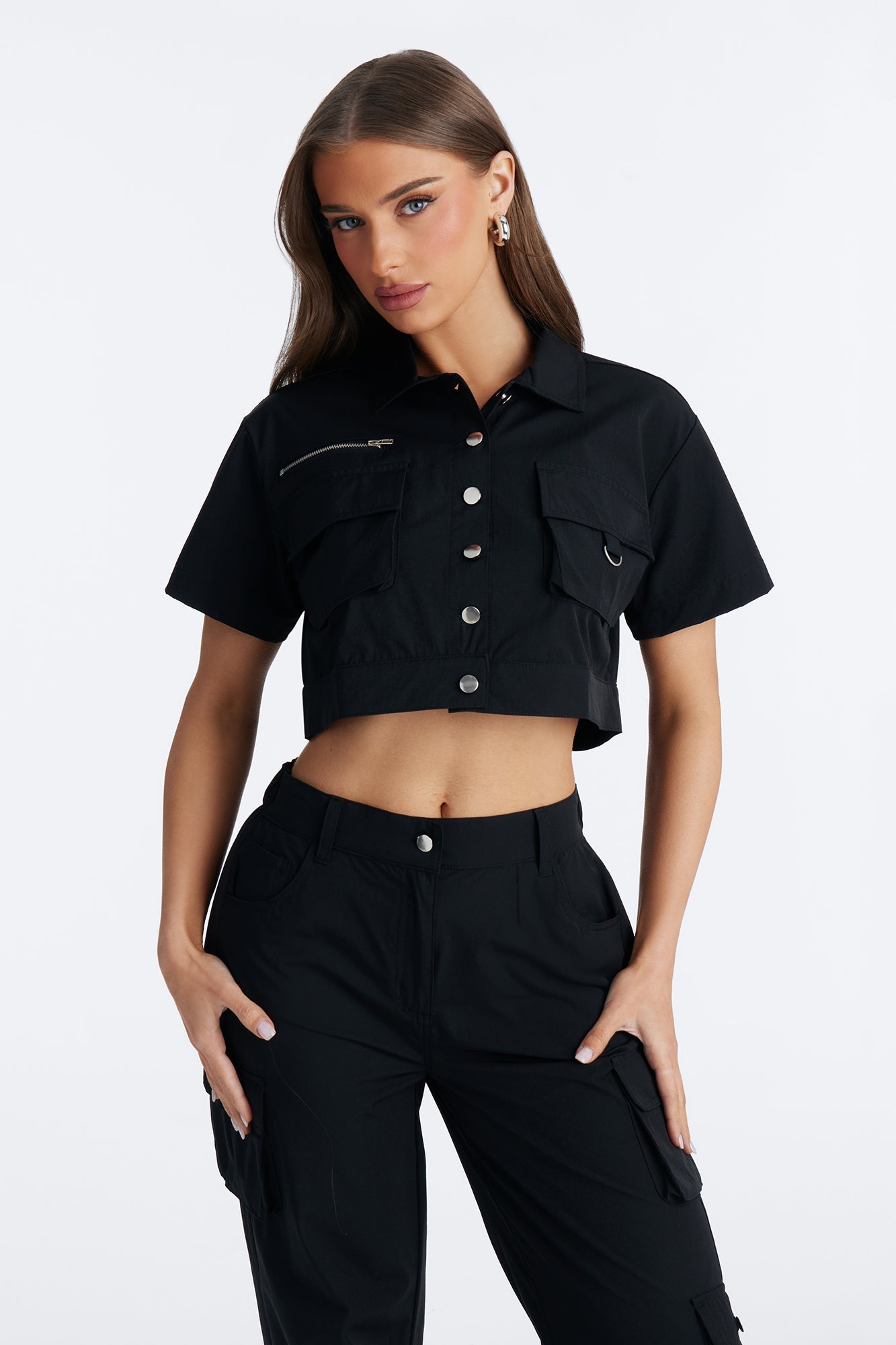 Nessa Nylon Cargo Pant Set - Black