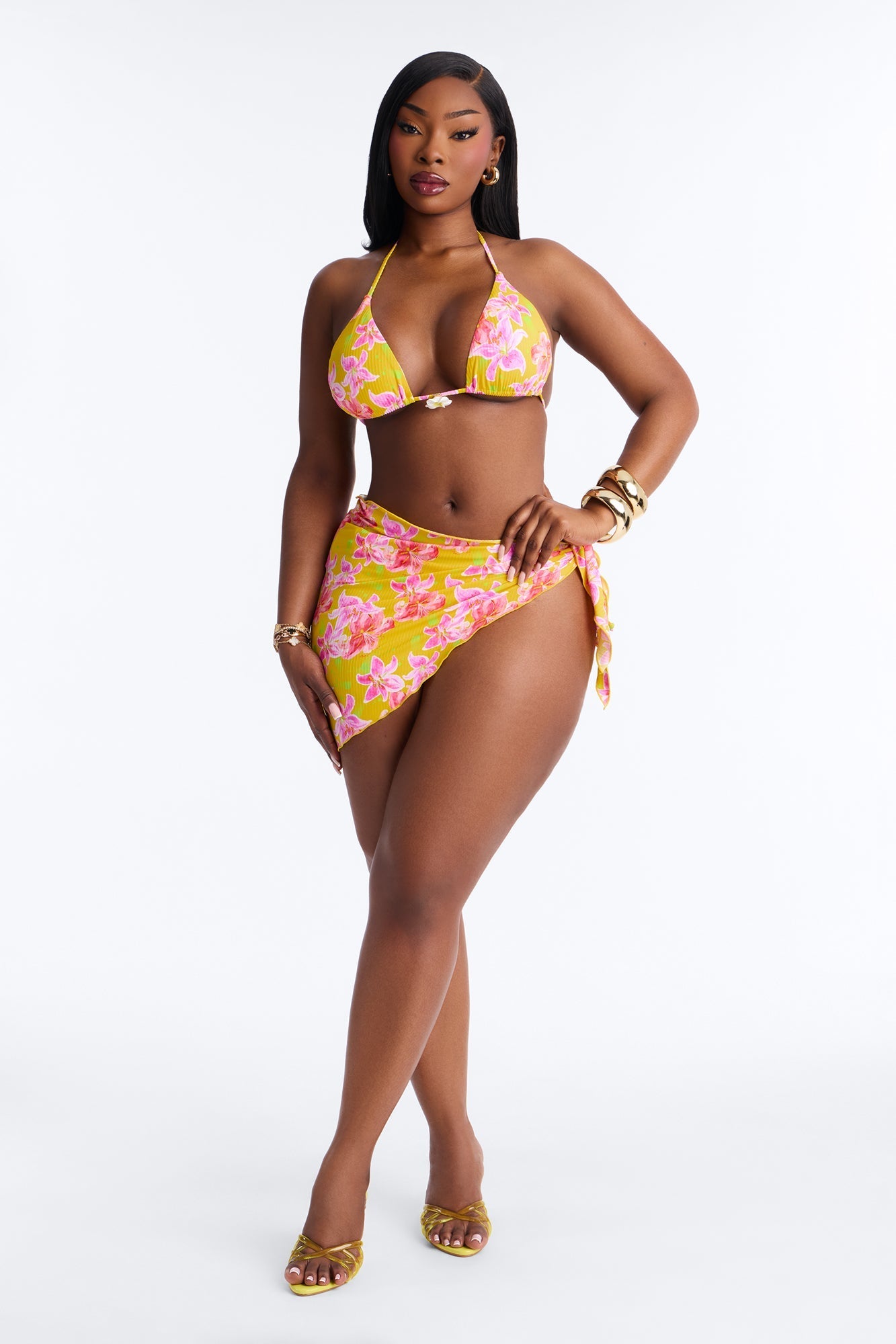 Tropical Trouble 3 Piece Bikini & Sarong Set - Orange/combo Fashion Nova