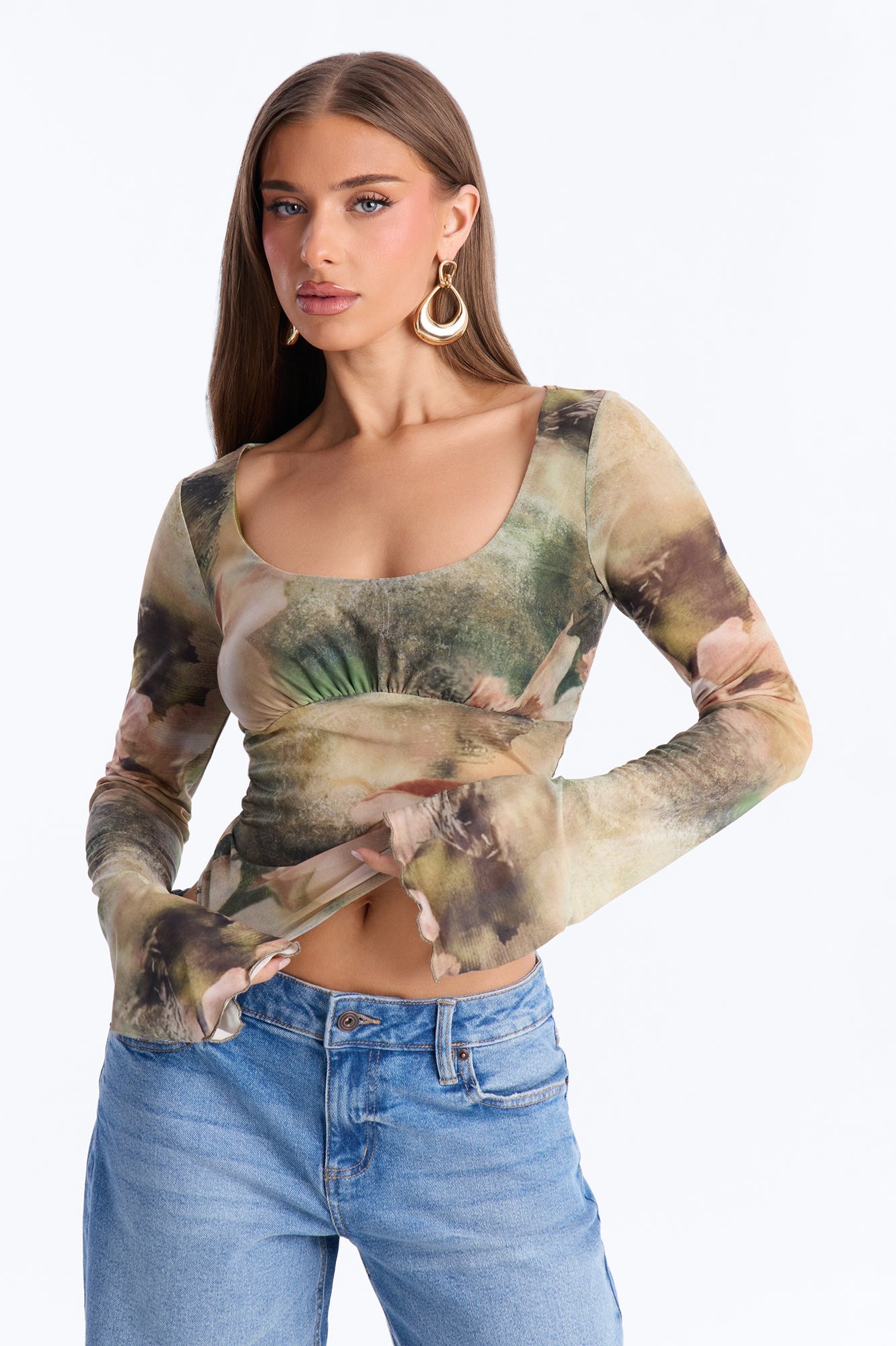 Garden Kiss Mesh Scoop Neck Long Sleeve Top - Green/combo Fashion Nova