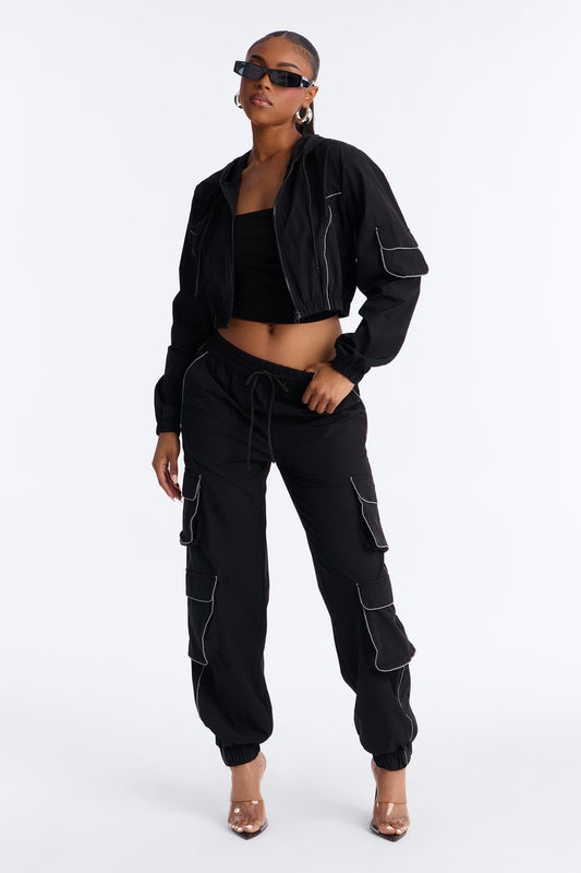 Nessa Nylon Cargo Hoodie Jogger Set - Black