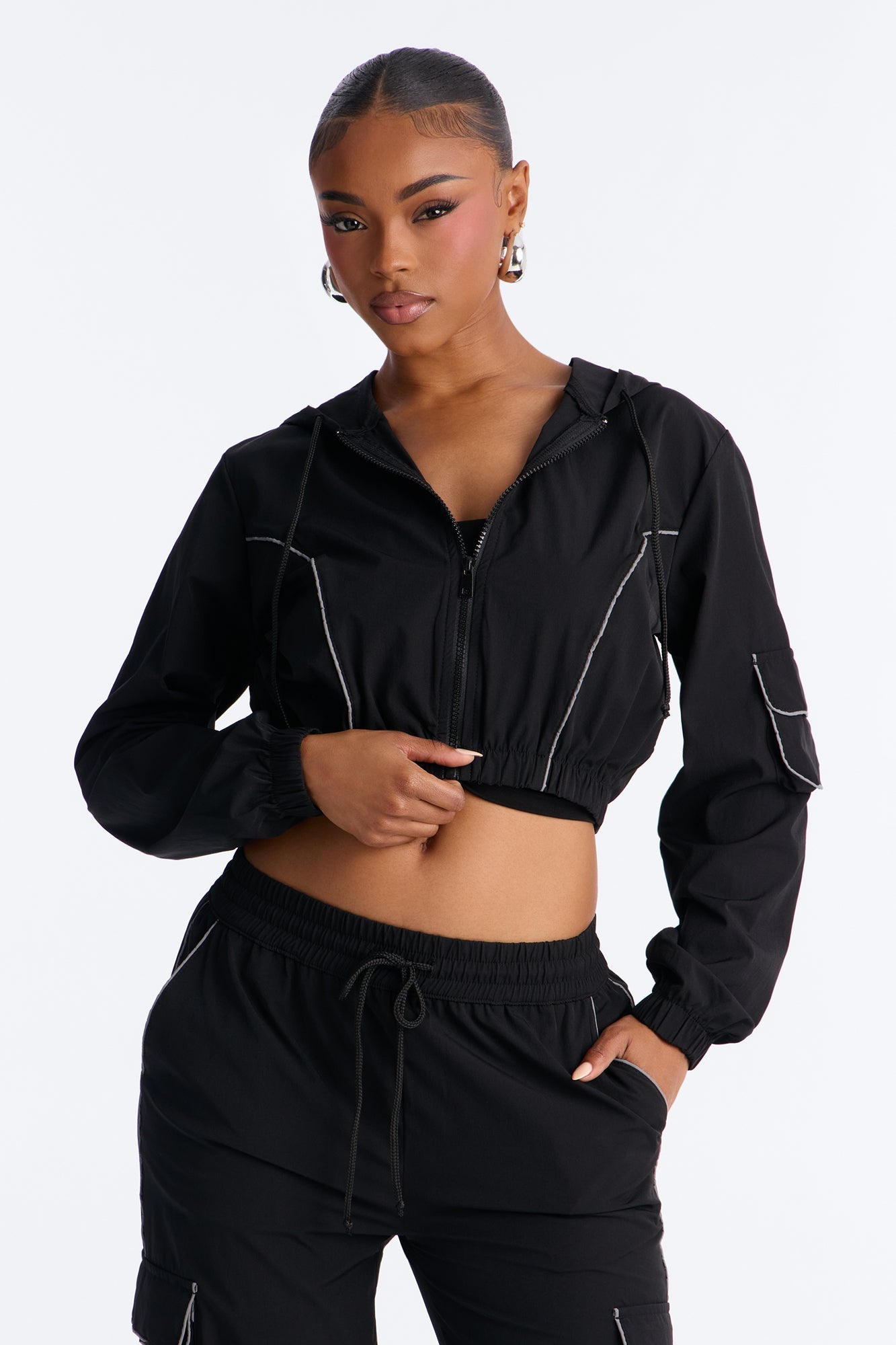 Nessa Nylon Cargo Hoodie Jogger Set - Black