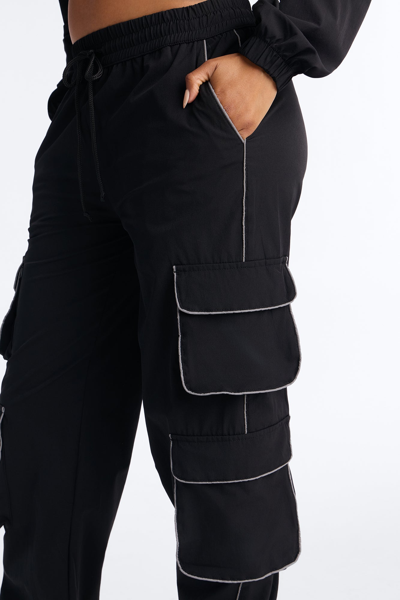 Nessa Nylon Cargo Hoodie Jogger Set - Black