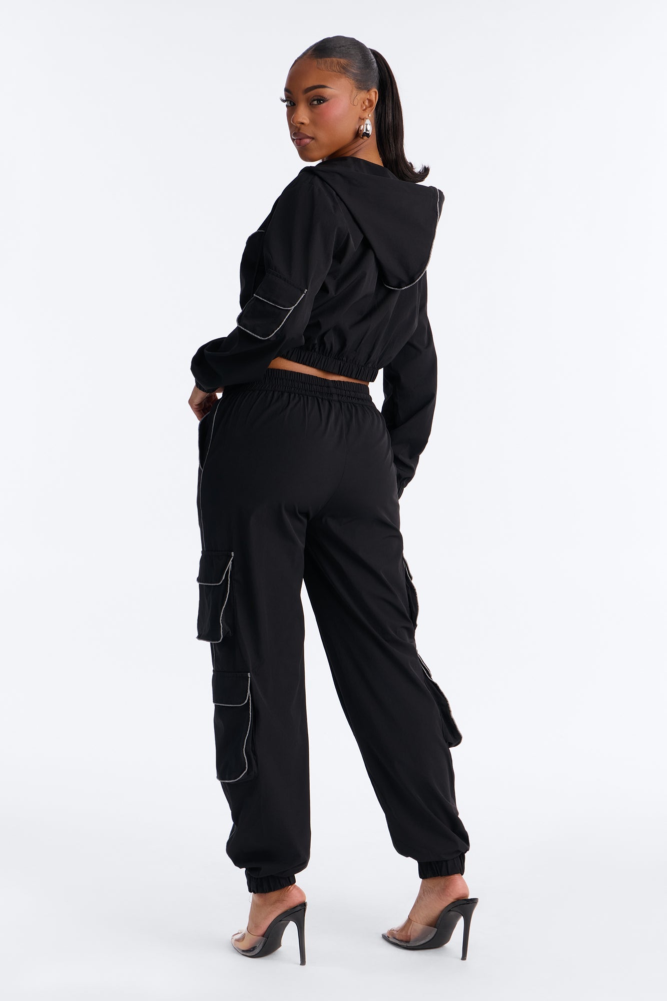 Nessa Nylon Cargo Hoodie Jogger Set - Black