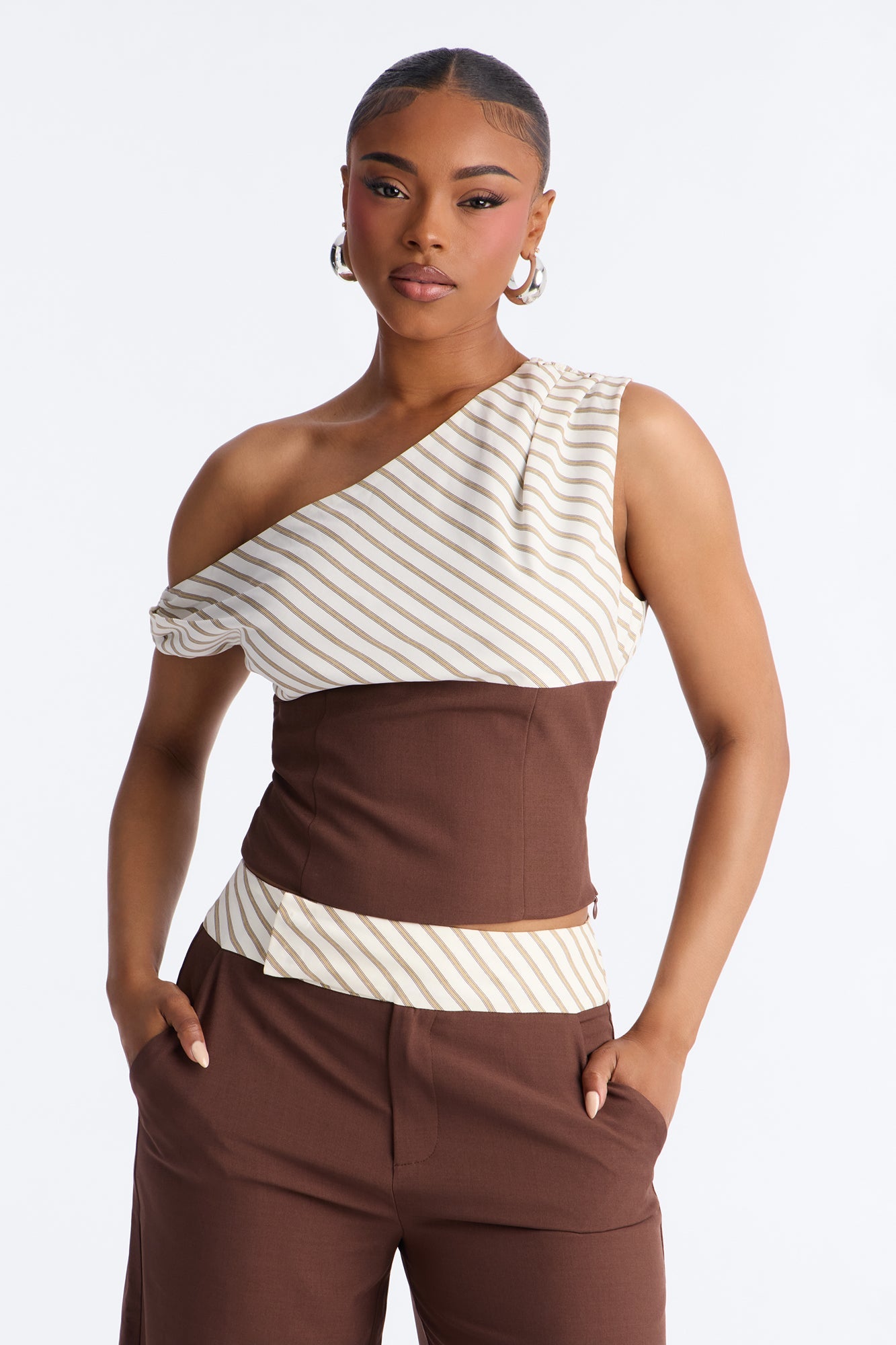 Georgia Striped Off The Shoulder Pant Set - Brown