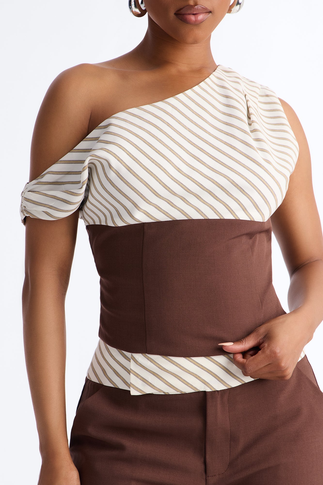 Georgia Striped Off The Shoulder Pant Set - Brown