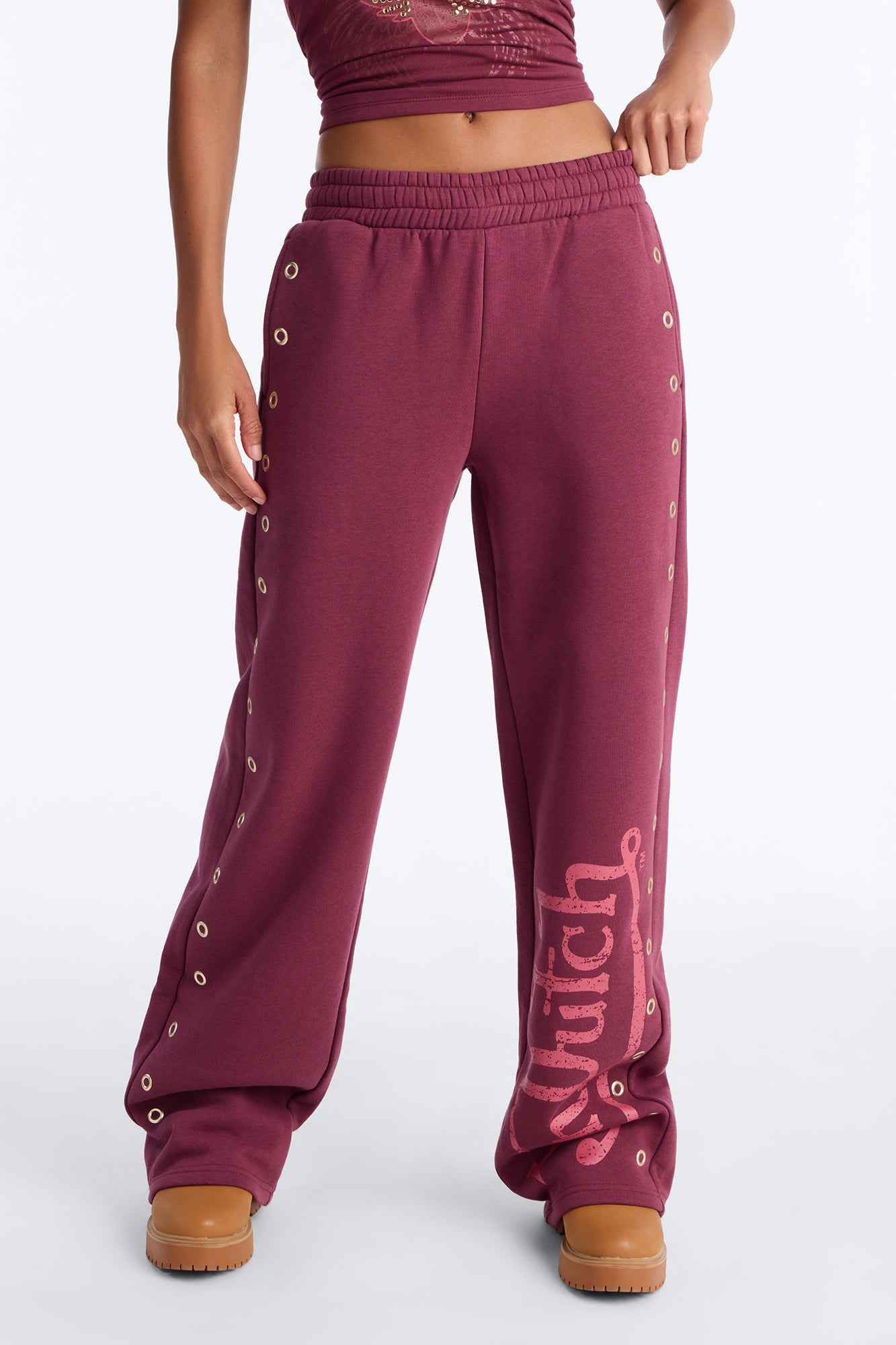 Von Dutch Rocker Wide Leg Pant With Grommets - Burgundy