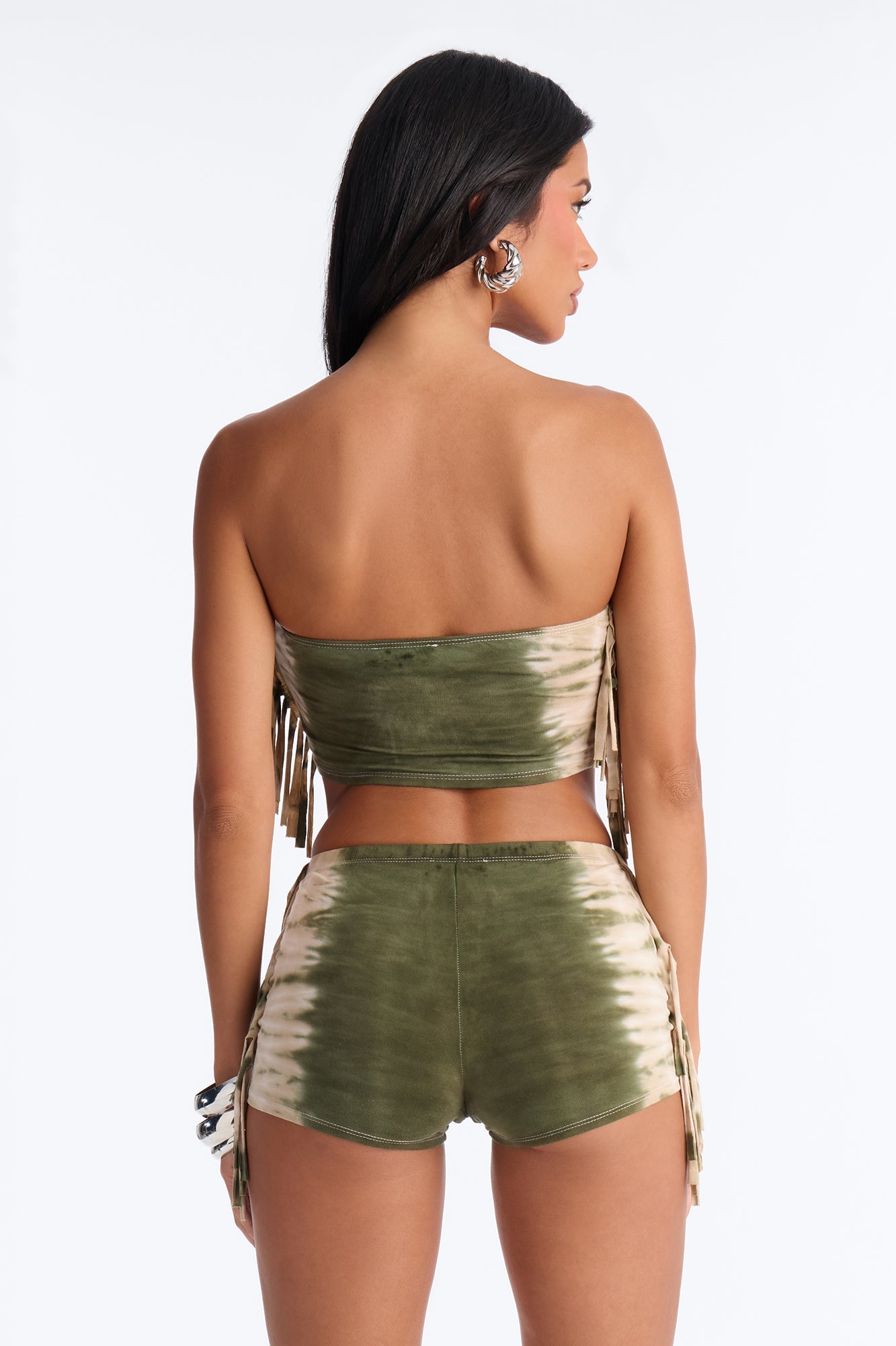 Solar Flare Tie Dye Fringe 3 Piece Short Set - Olive/combo
