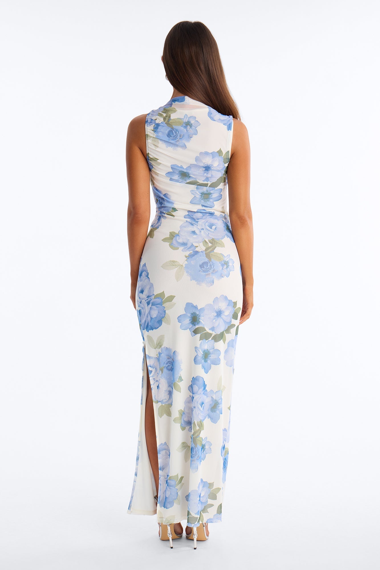 Skyla Ruched Mesh Maxi Dress - Blue/combo