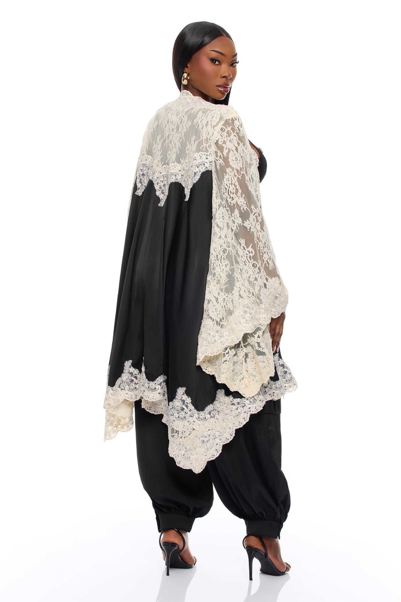 Cathryn Lace Satin Kimono - Black