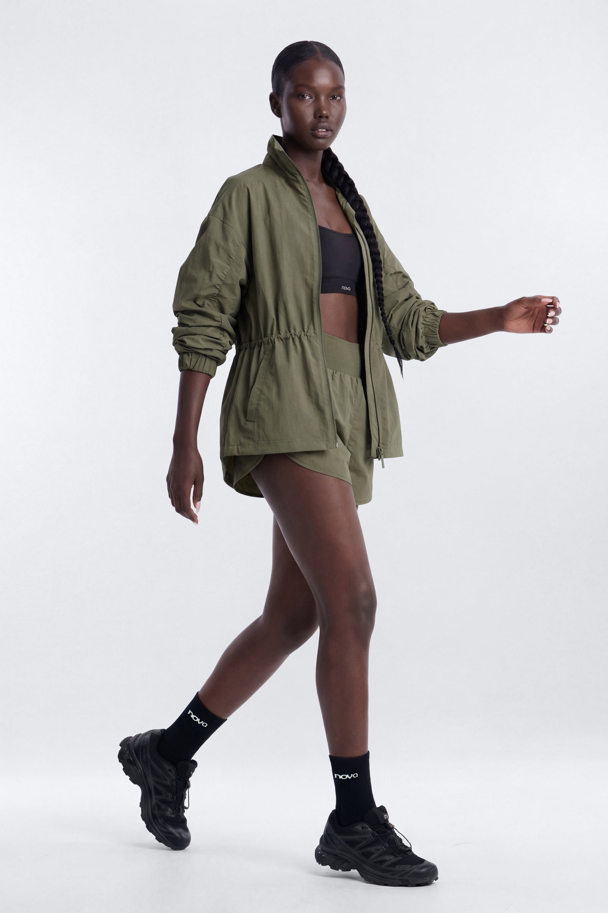 CoreNylon Ruched Mock Neck Jacket - Moss Fashion Nova