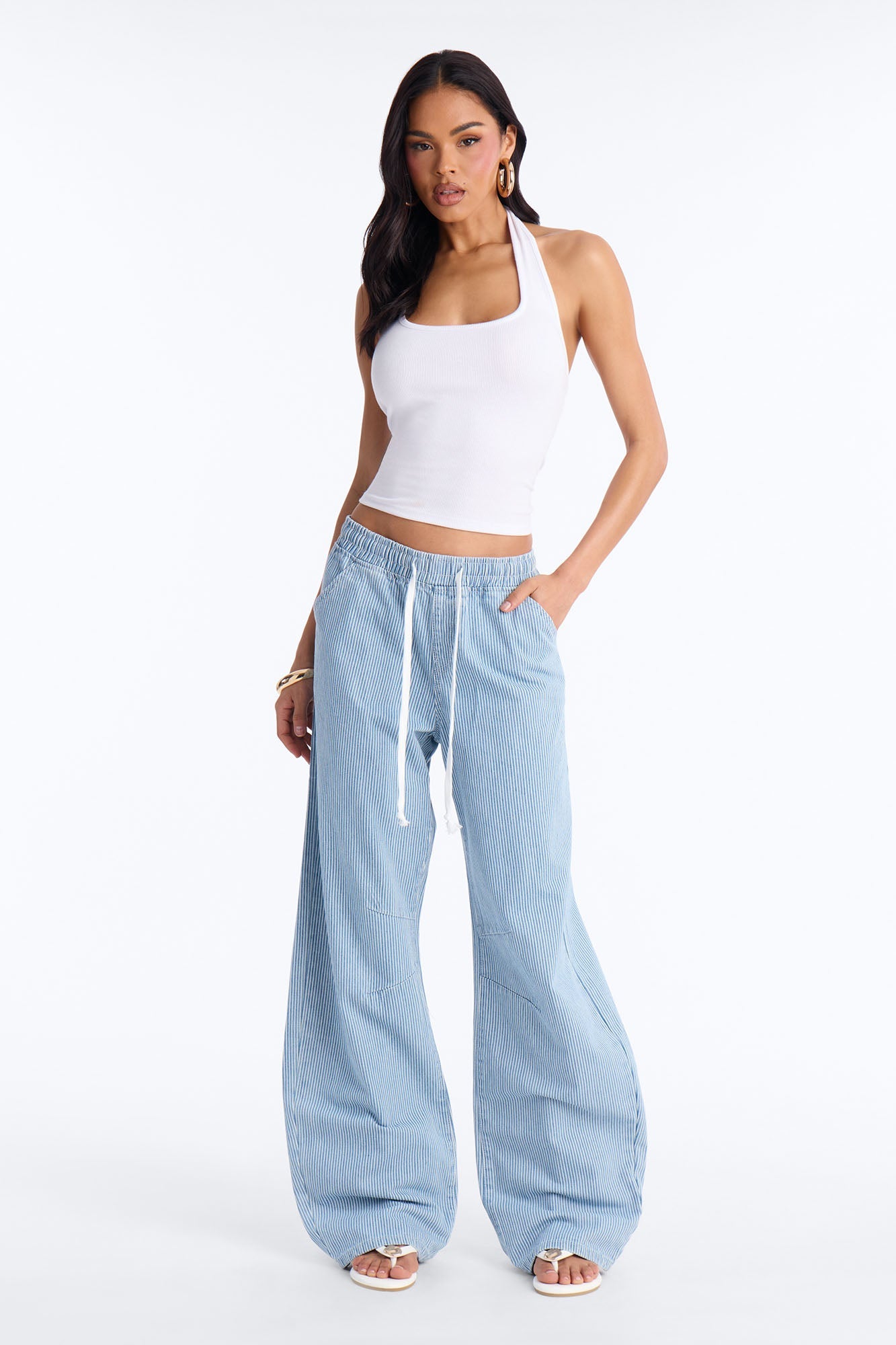 Oceanside Tie Waist Striped Tie Waist Jeans - Light Wash