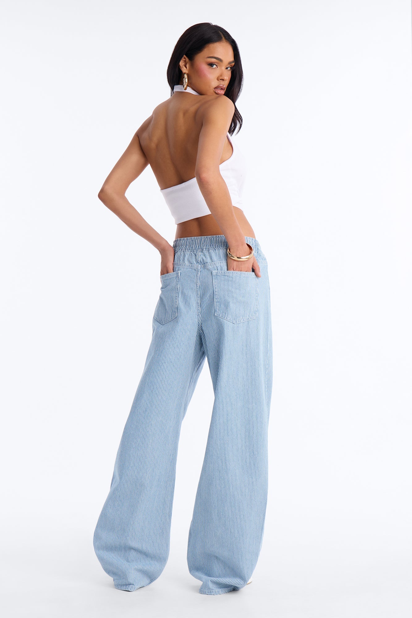 Oceanside Tie Waist Striped Tie Waist Jeans - Light Wash