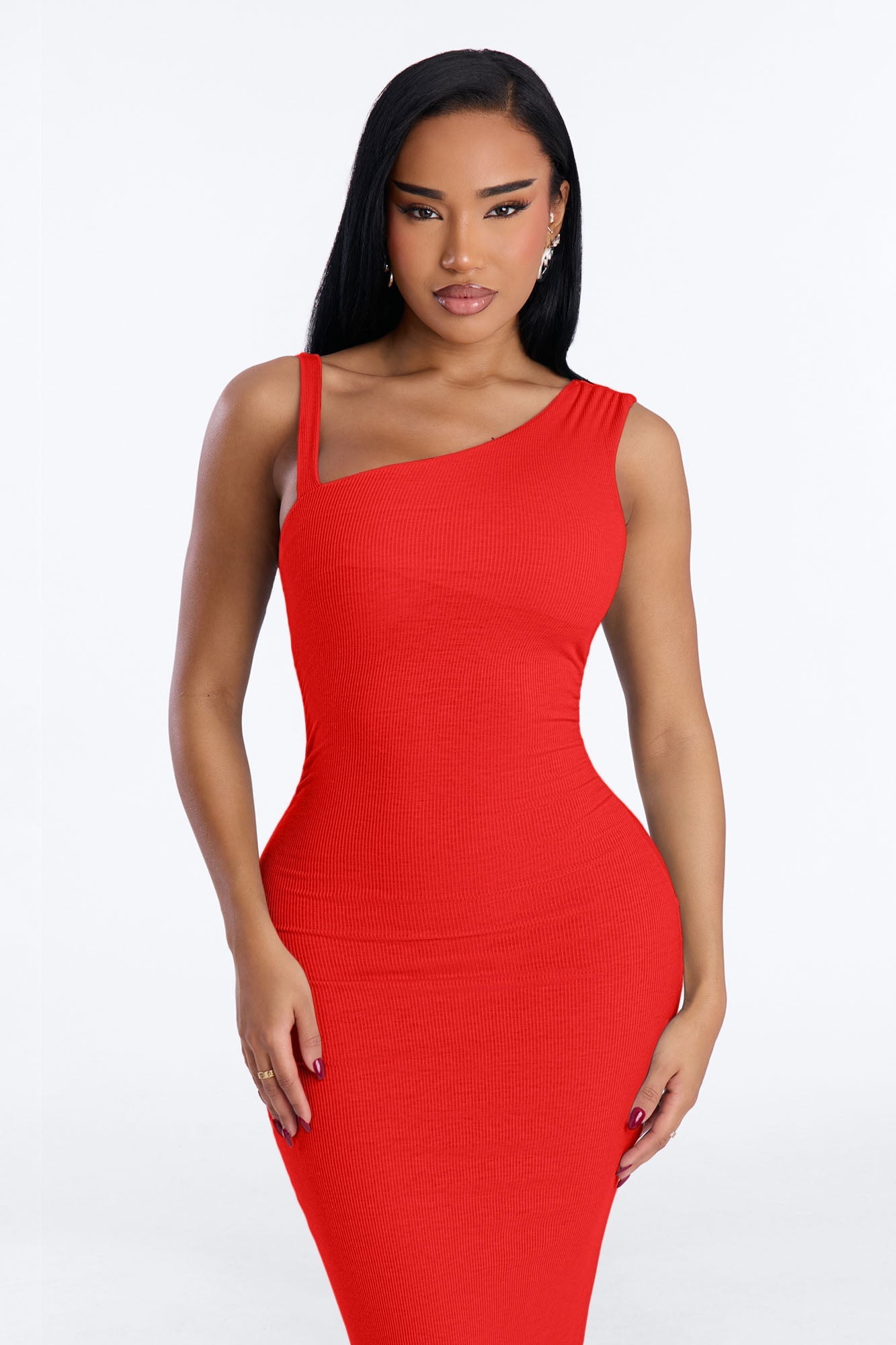Adria Ribbed Midi Dress - Red