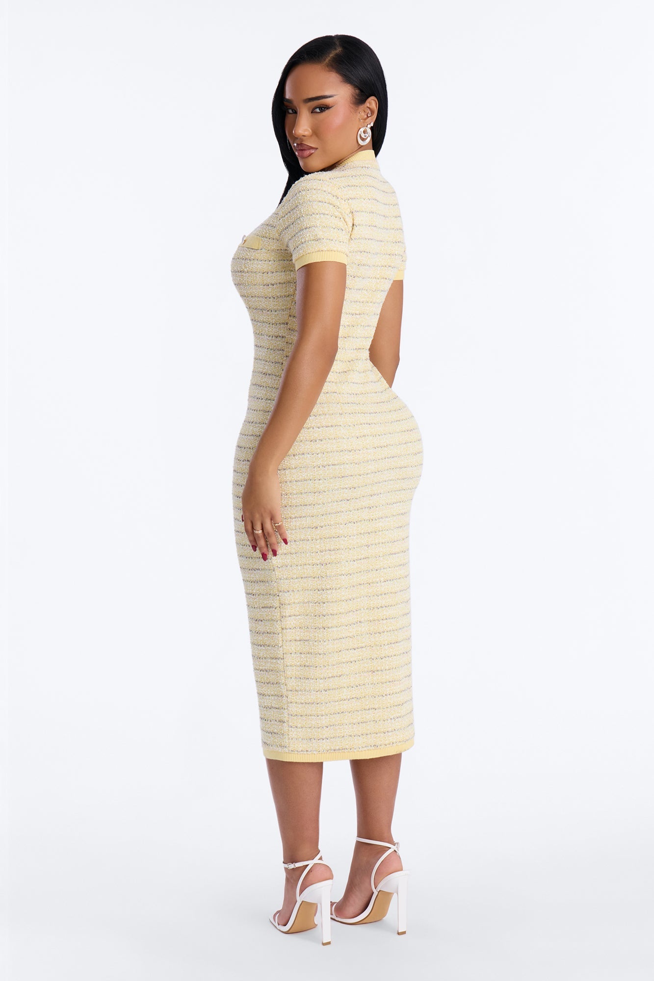 Kelsey Button Up Tweed Midi Dress - Yellow