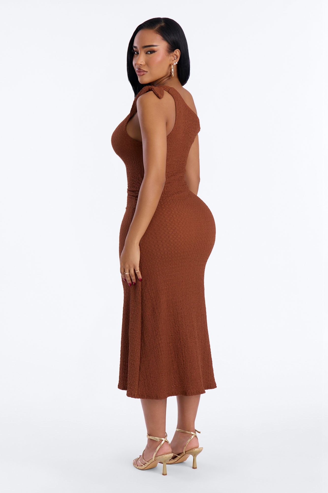 Crystal One Shoulder Textured Midi Dress - Chocolate