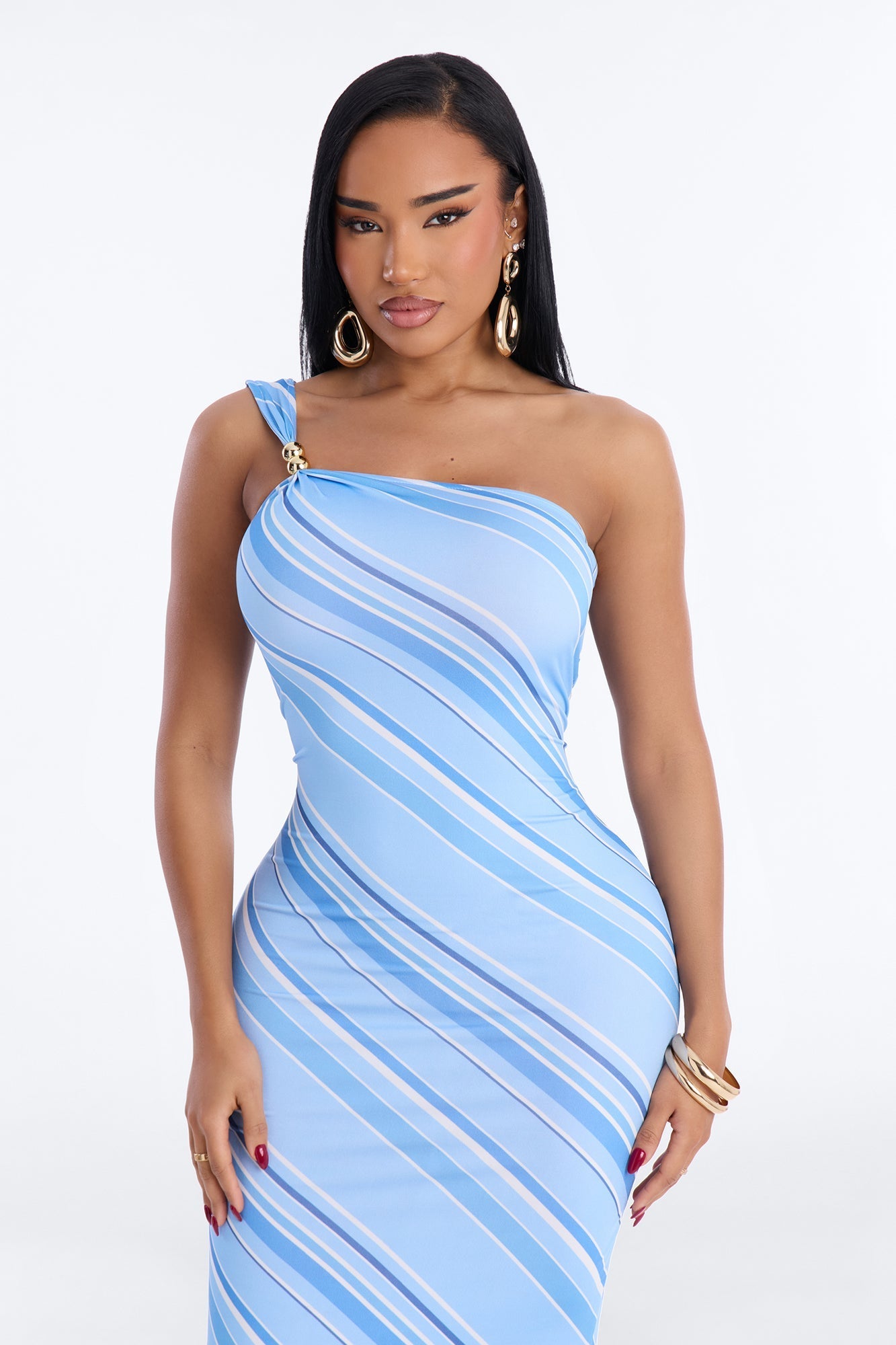 Gracelyn Asymmetrical Striped Midi Dress - Blue Fashion Nova
