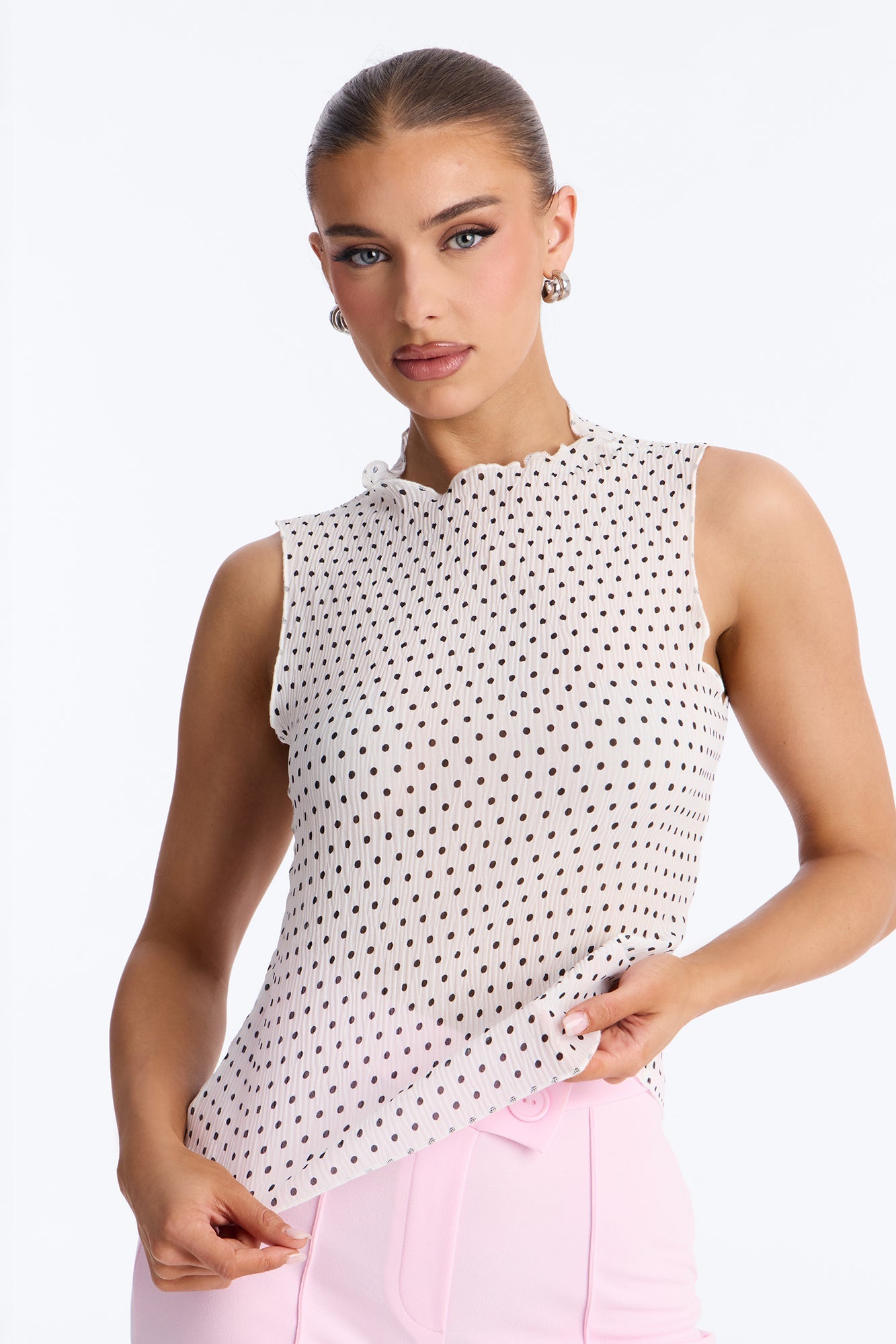 Into Paradise Mock Neck Polka Dot Plisse Top - White/combo Fashion Nova